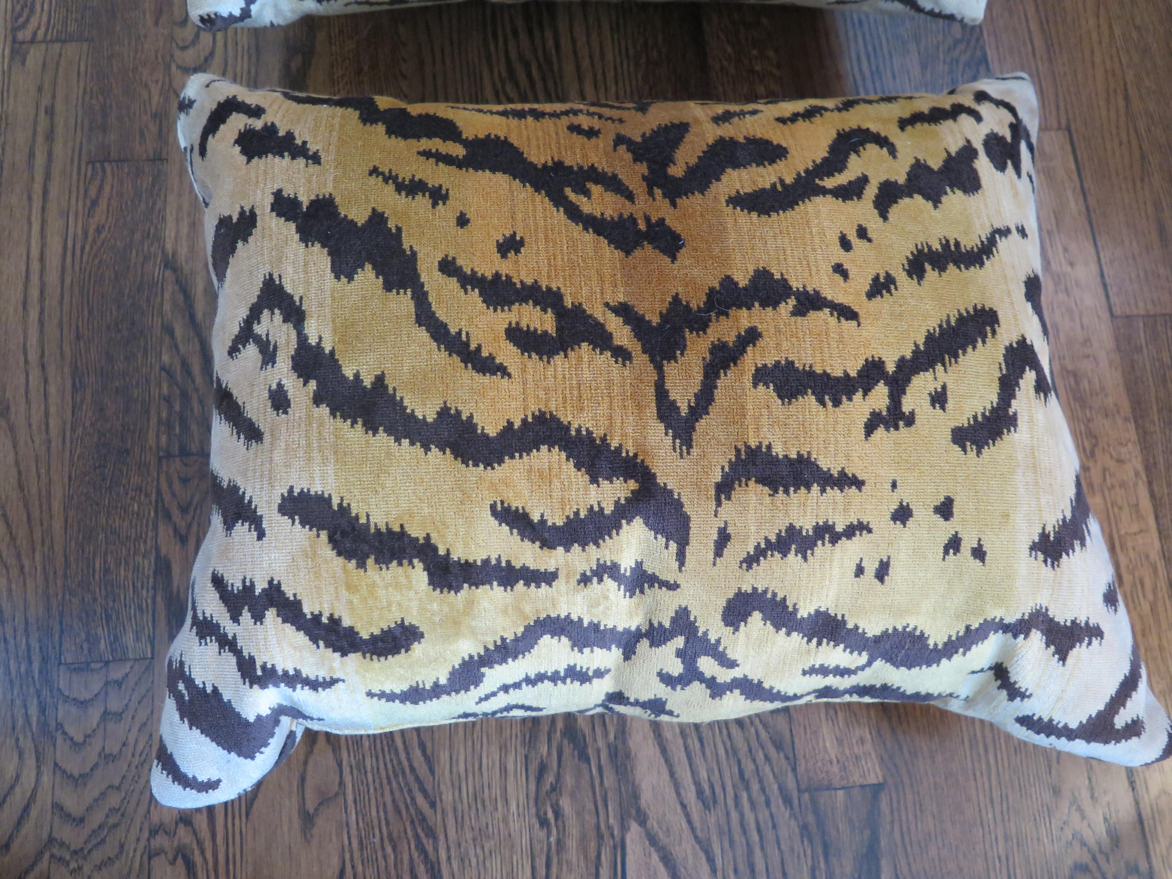 Scalamandré Le Tigre silk velvet pillows made-to-order custom pillows. The price listed is per pillow. We currently have the pair in the picture available, but we can make more in a 4-6 week lead time. We can make any size or with any edge detail or