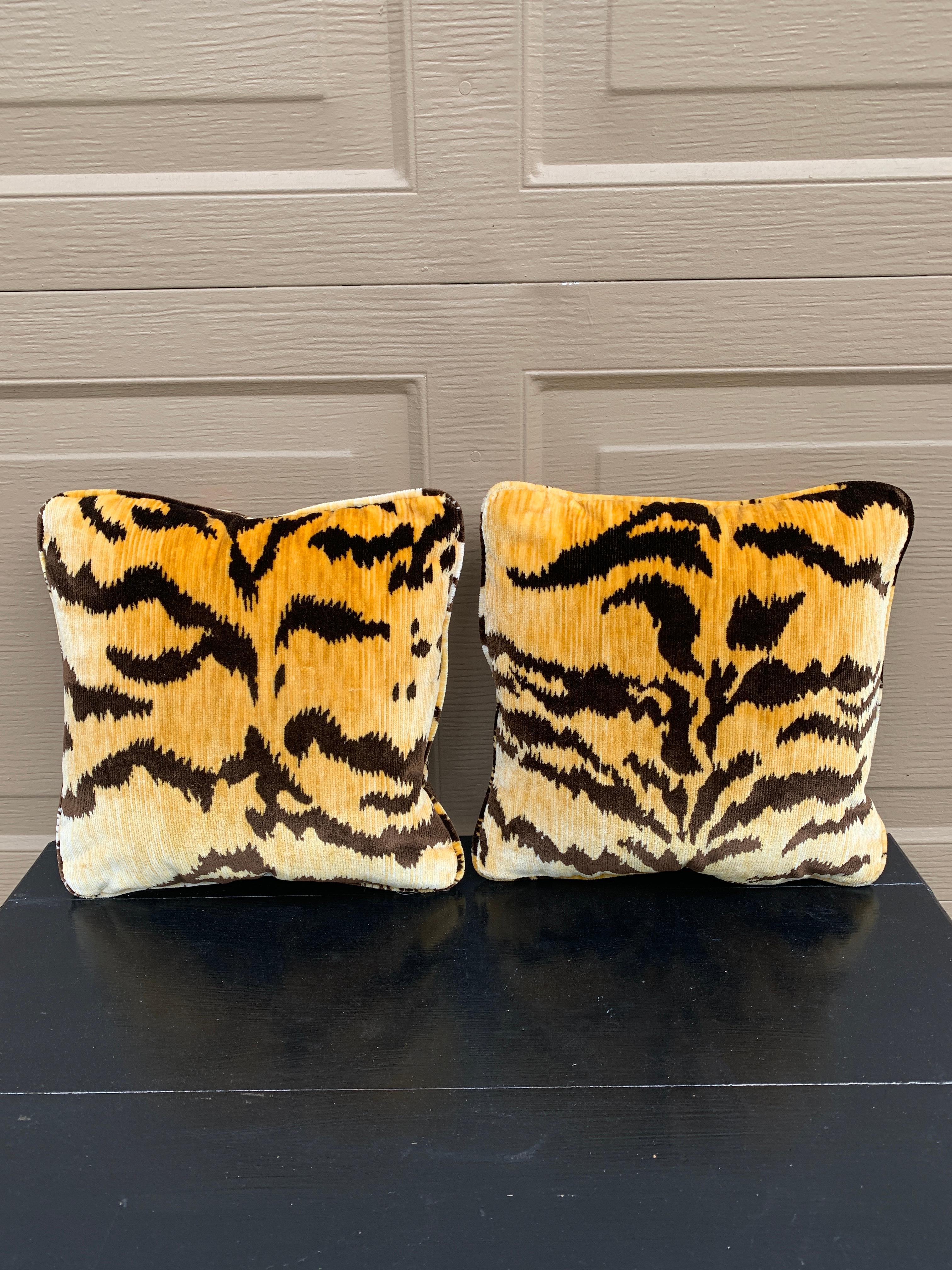 Scalamandre Le Tigre Tiger Print Throw Pillows, Pair In Good Condition For Sale In Elkhart, IN