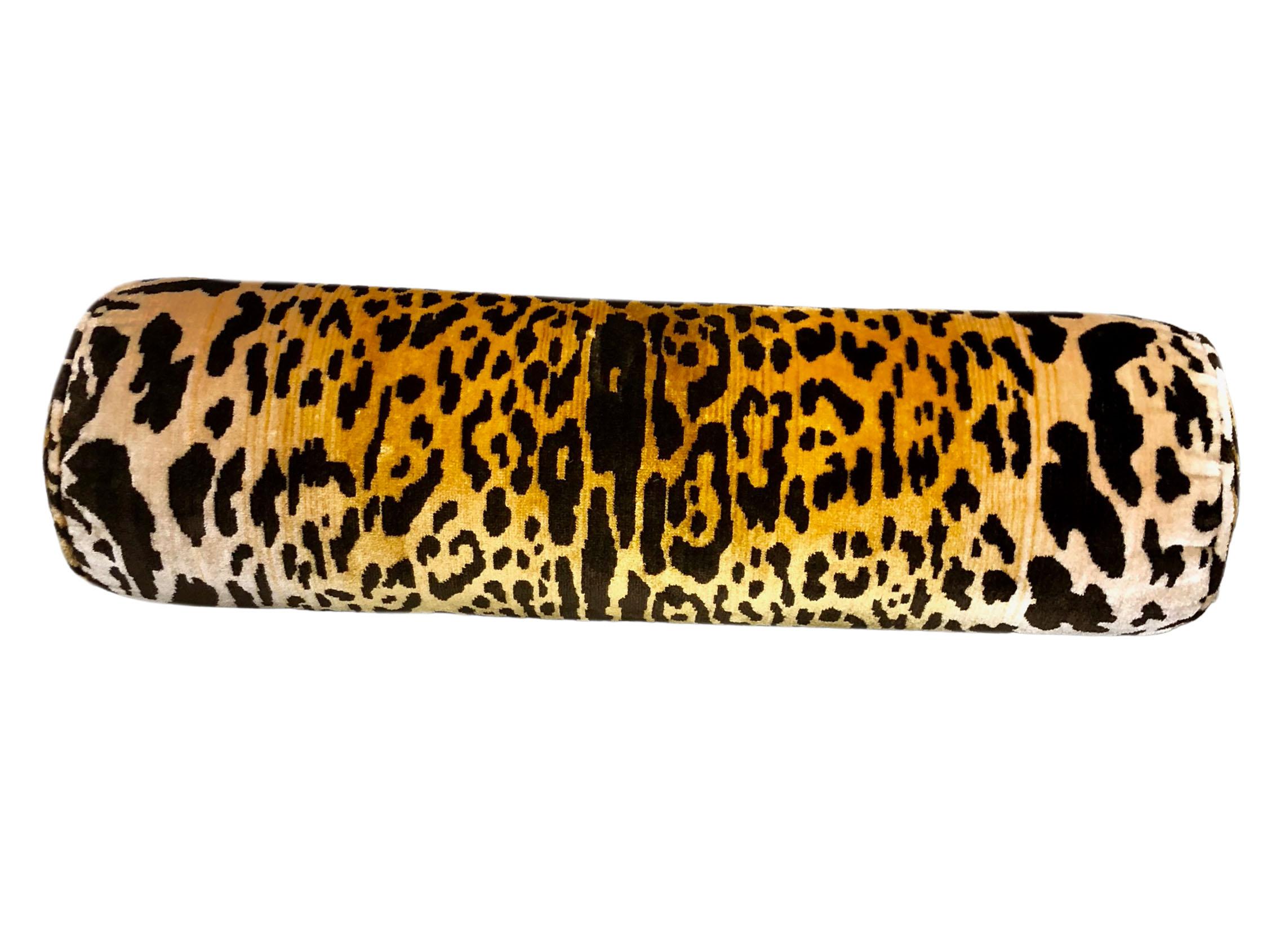 A vintage animal print bolster In velvet leopard Scalamandré fabric from the 1970s. Two available.