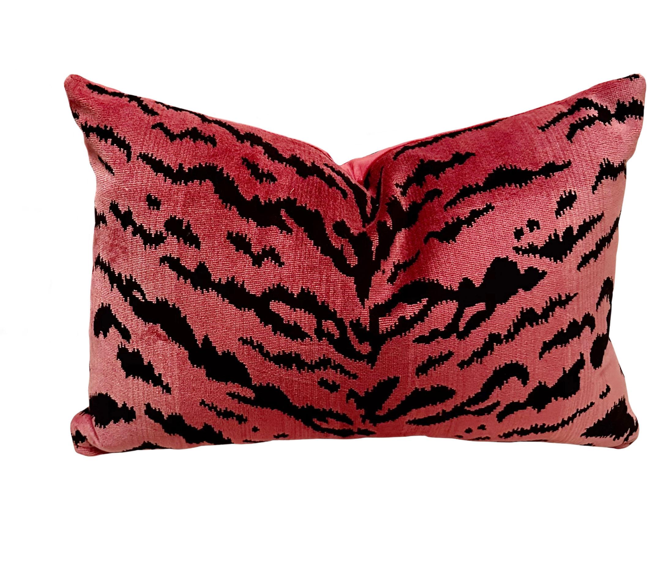 A pair of vintage Fuchsia tiger velvet Scalamandre pillows in a great shape and size. With velvet backs and down filling.