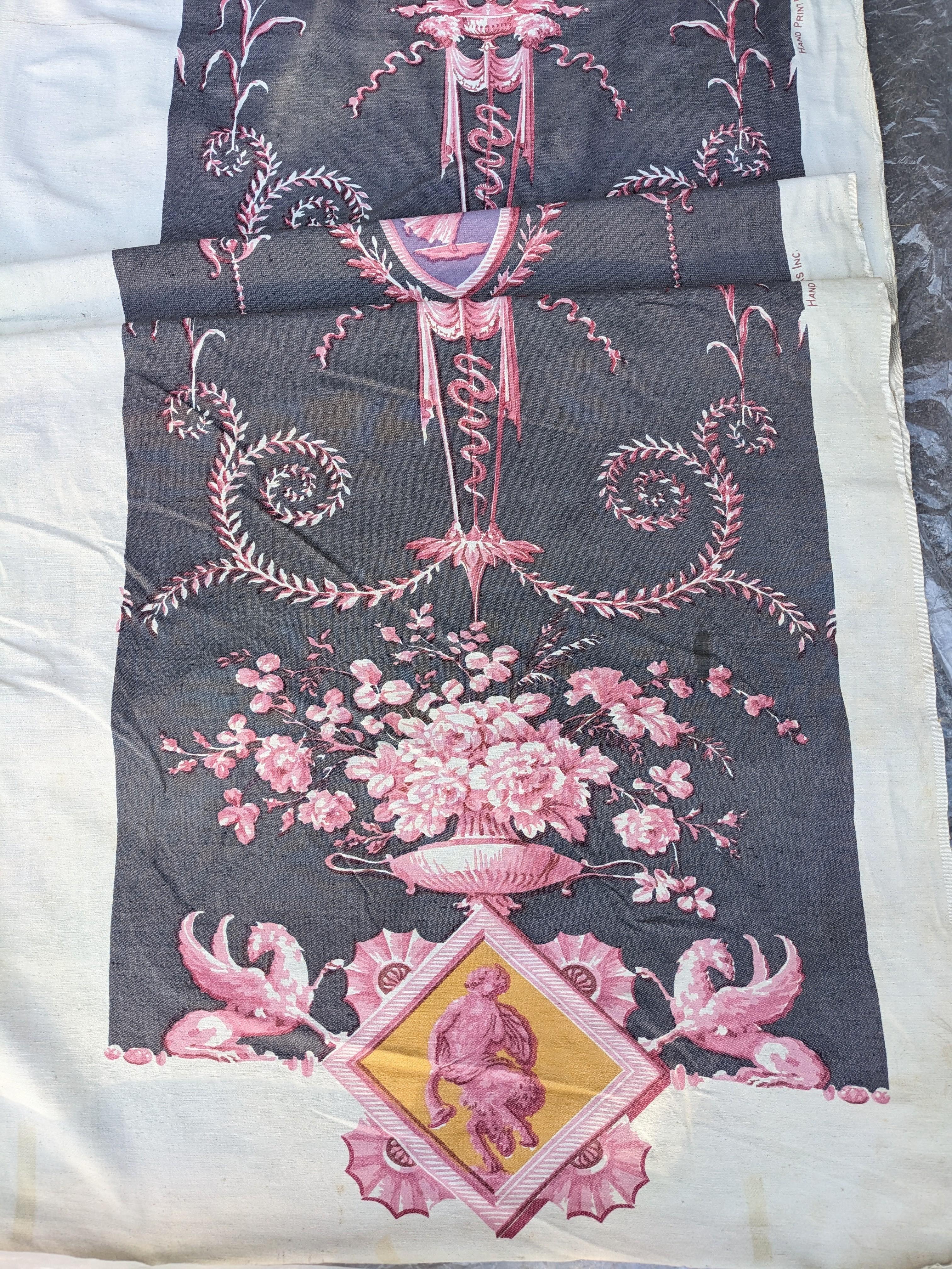 Very Cool Scalamandre Silk Blend Upholstery or Wall Textile, Adams Style designs in wonderful colors. Deep grey ground with painterly hand printed neoclassic designs in pale pinks, purples and yellows. Appears uncut/unused. 
Silk blend slubbed