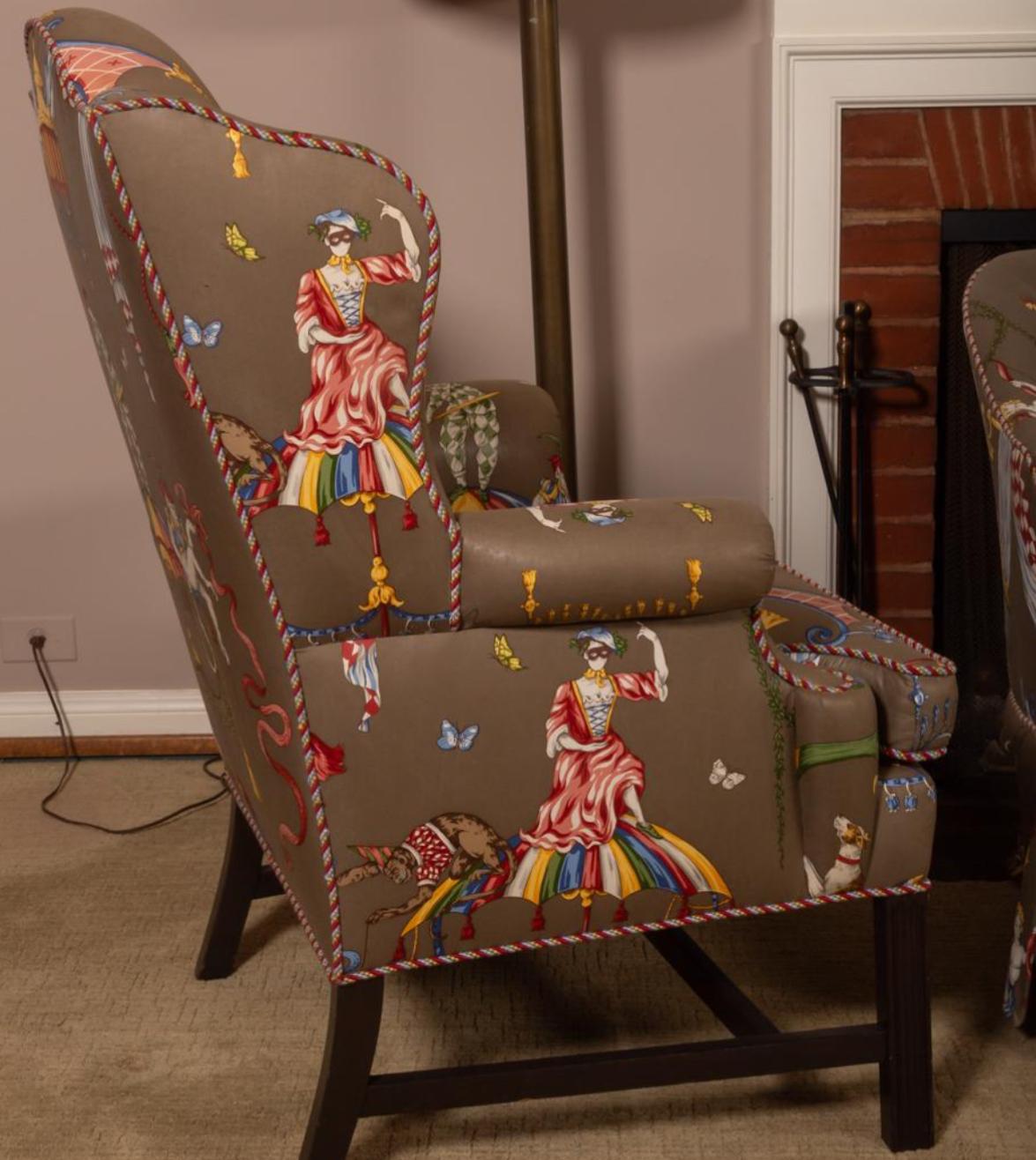 Scalamandre Venetian Carnival Wingback Chairs & Settee Furniture Set. It includes two wingback chairs and a small settee. Each clad in Scalamandre’s fabulous Venetian Carnival fabric which is among their most expensive patterns. The quality is