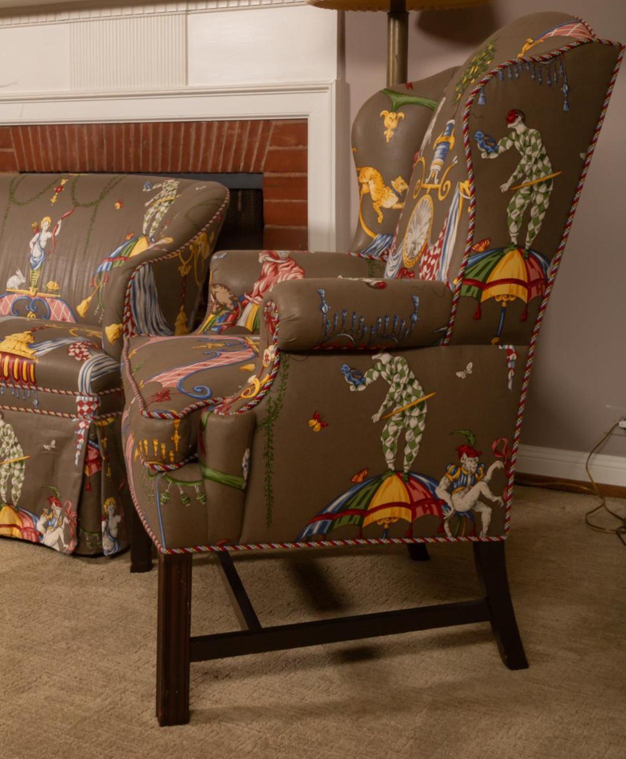 Scalamandre Venetian Carnival Wingback Chairs & Settee Furniture Set In Good Condition In LOS ANGELES, CA