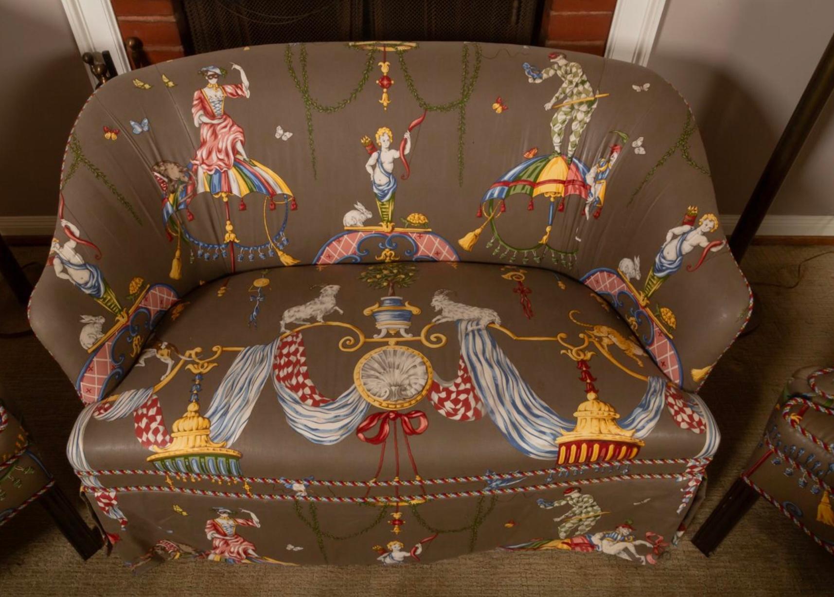 20th Century Scalamandre Venetian Carnival Wingback Chairs & Settee Furniture Set