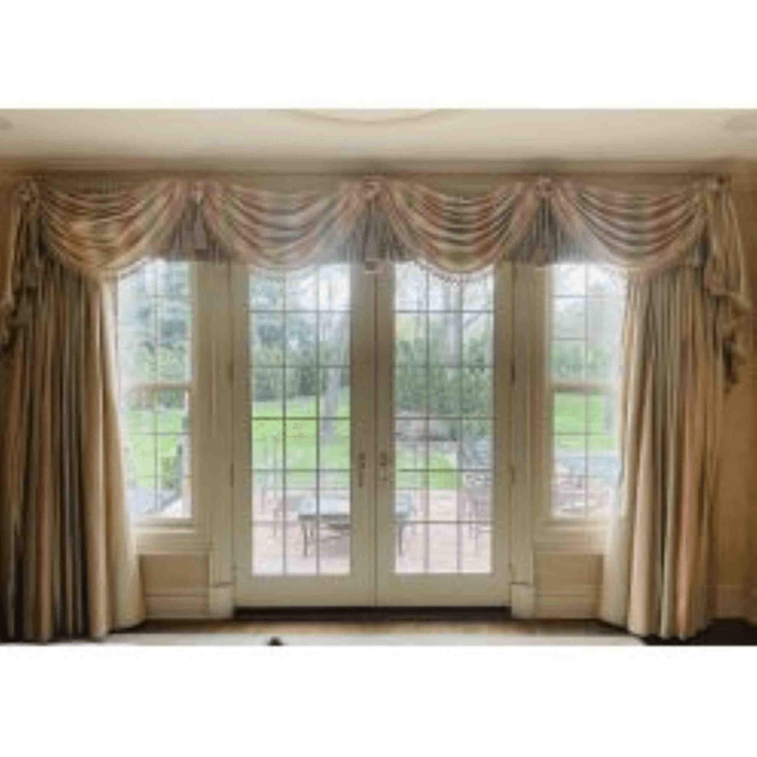A spectacular set of Curtains or Drapery Window Treatments, Valances Removed directly from Dr Shawn Garber's home on the Gold Coast of Long Island. Part of an extensive collection seen only in our showroom.
 
2 Panels 90 in. top wide, 105 in.