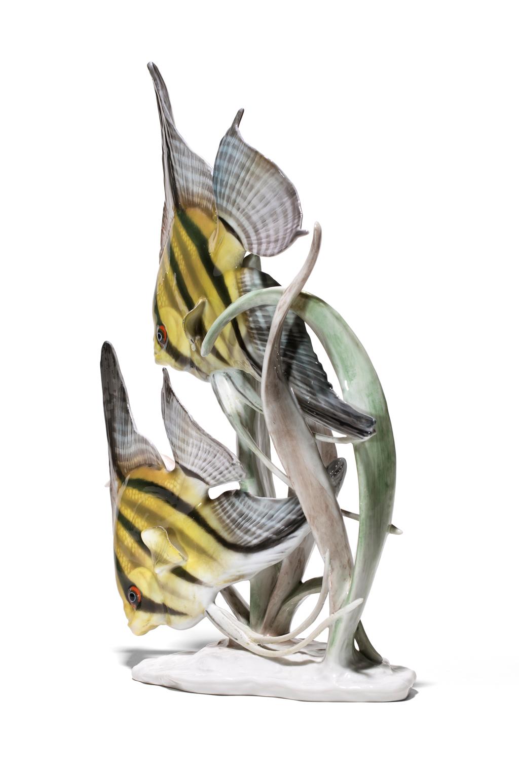 “Scalare,” Freshwater Angelfish was the winner of the Grand Prize Paris exhibition 1937. Could a more perfect pair of Angelfish be found? Quite animated both swimming and feeding and so very delicately constructed with their floating 