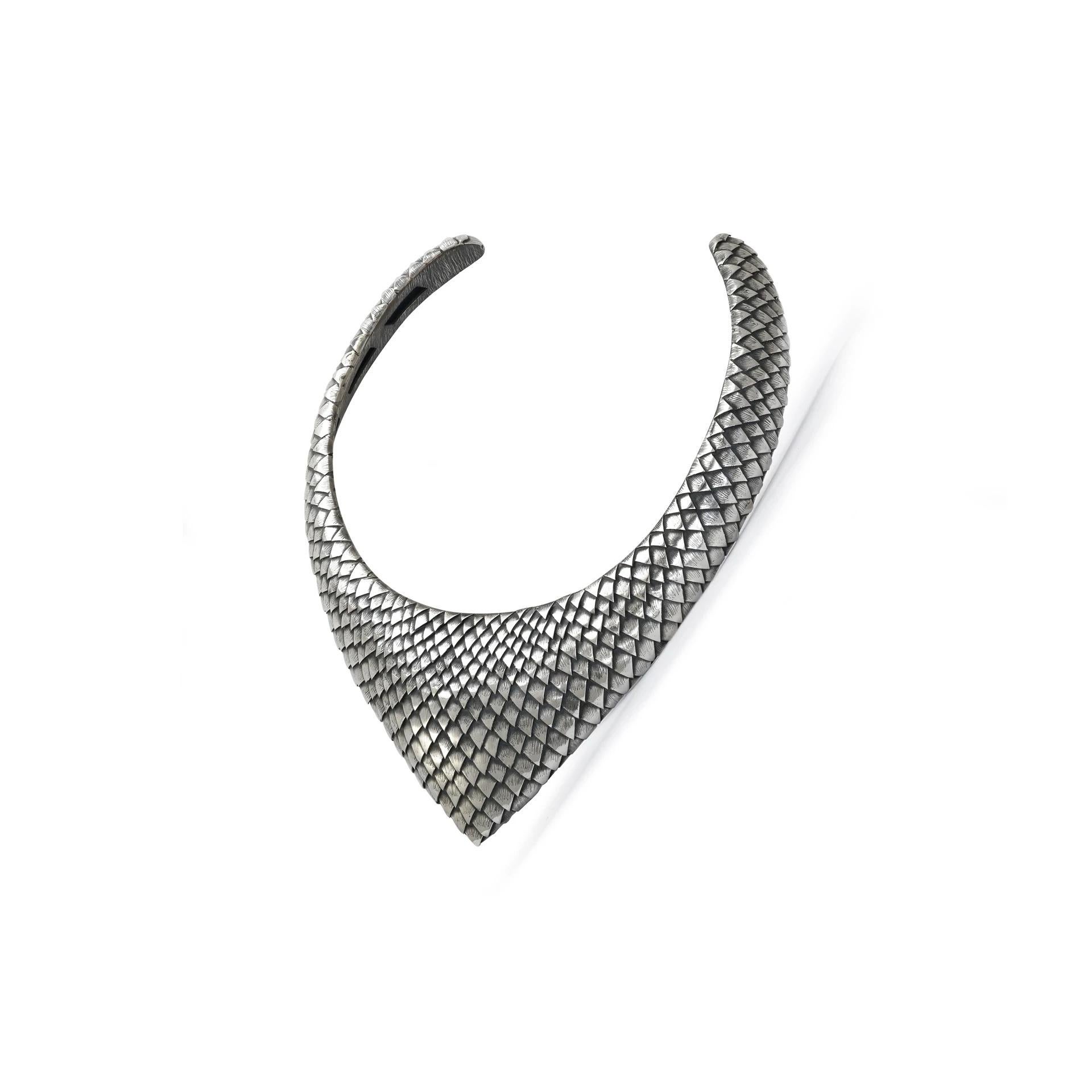Modern Scale Collar Necklace, Sterling Silver, Hand-Crafted, Bali 