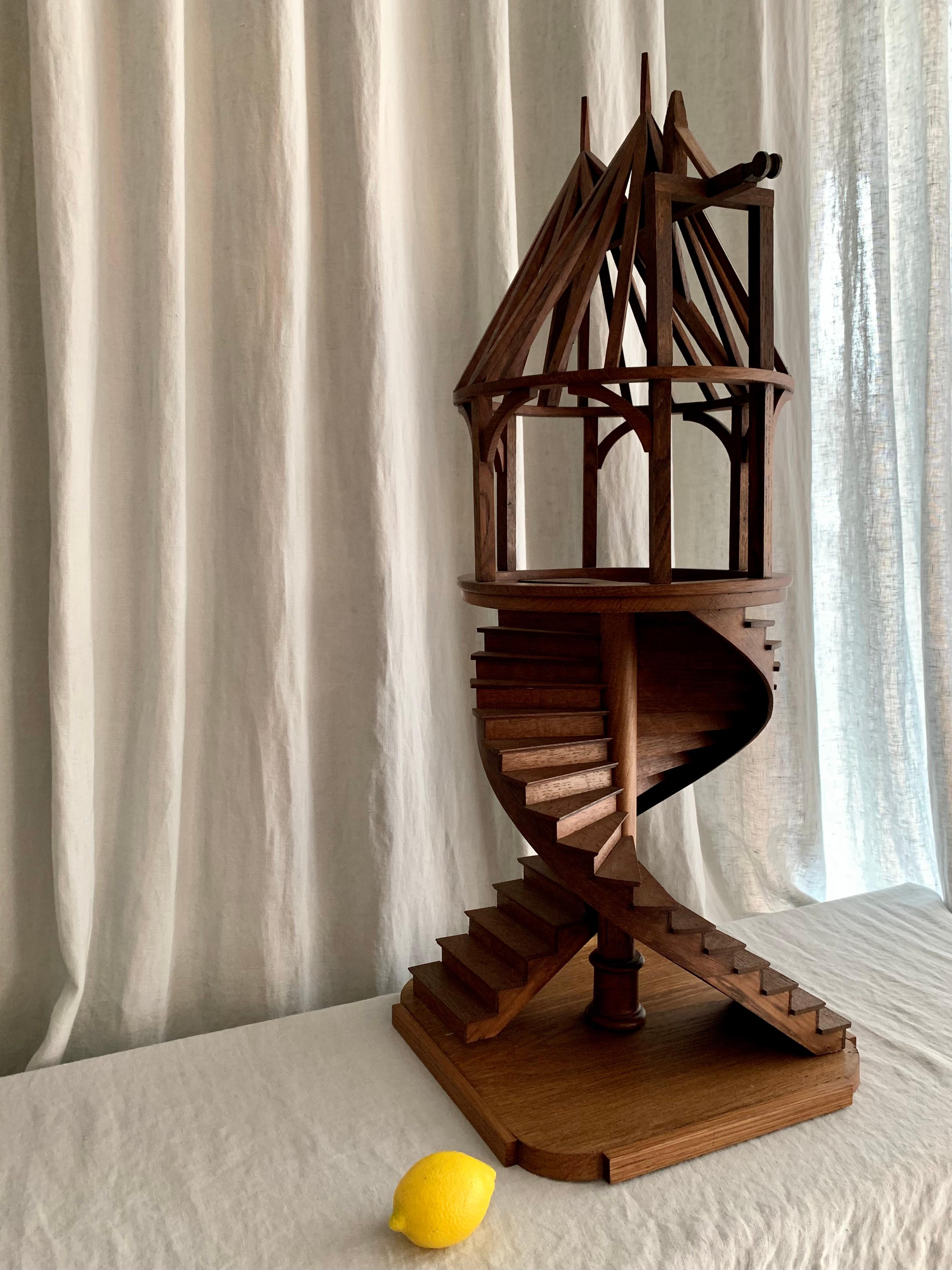 Antique French hand made wood scale model of a stair case and tower construction. A genuine proof of skilled craftsmanship and a rare and very decorative item.