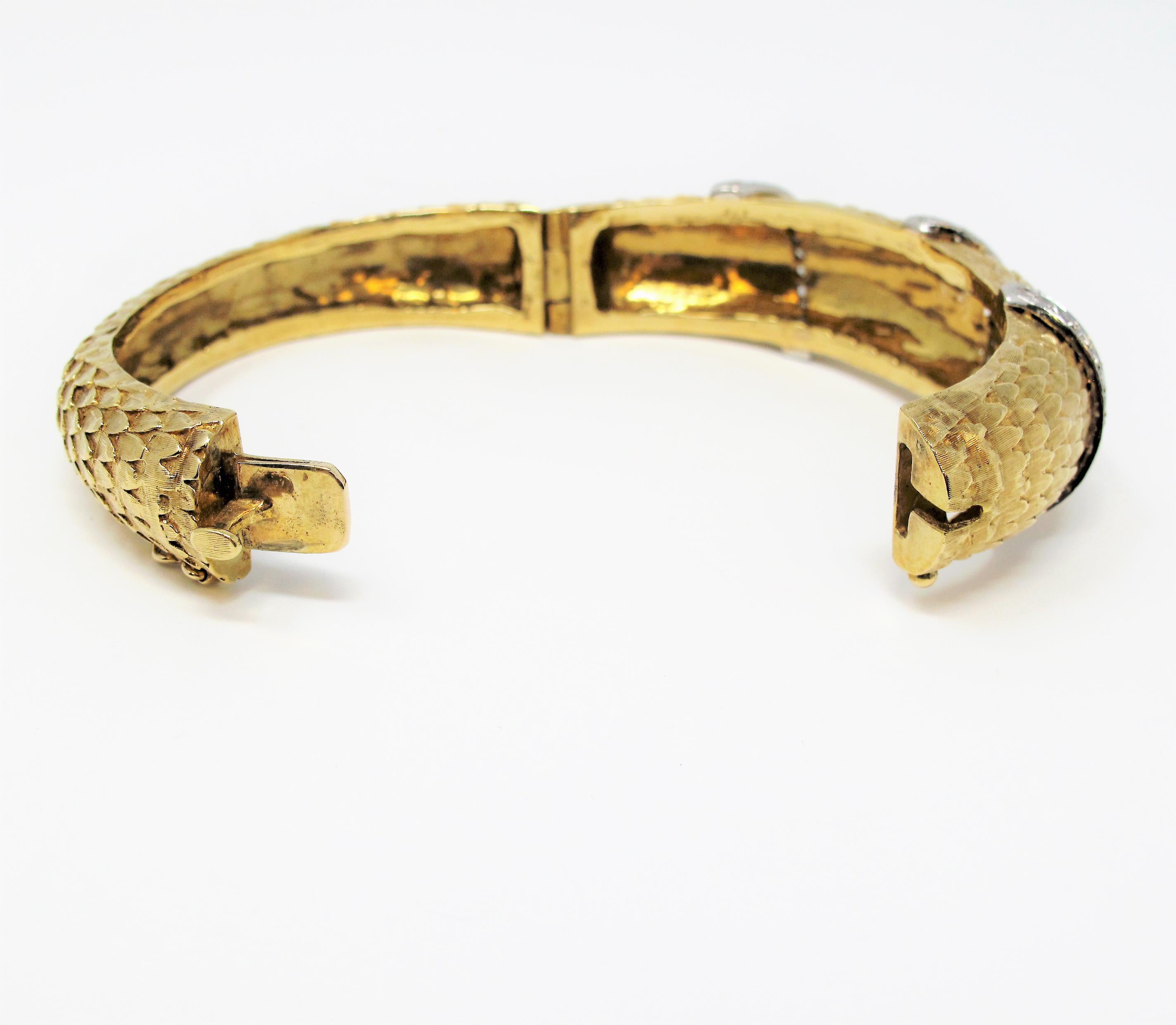 Contemporary Scaled Hinged Cuff Bracelet in 18 Karat Yellow Gold with Pave Diamond Wraps