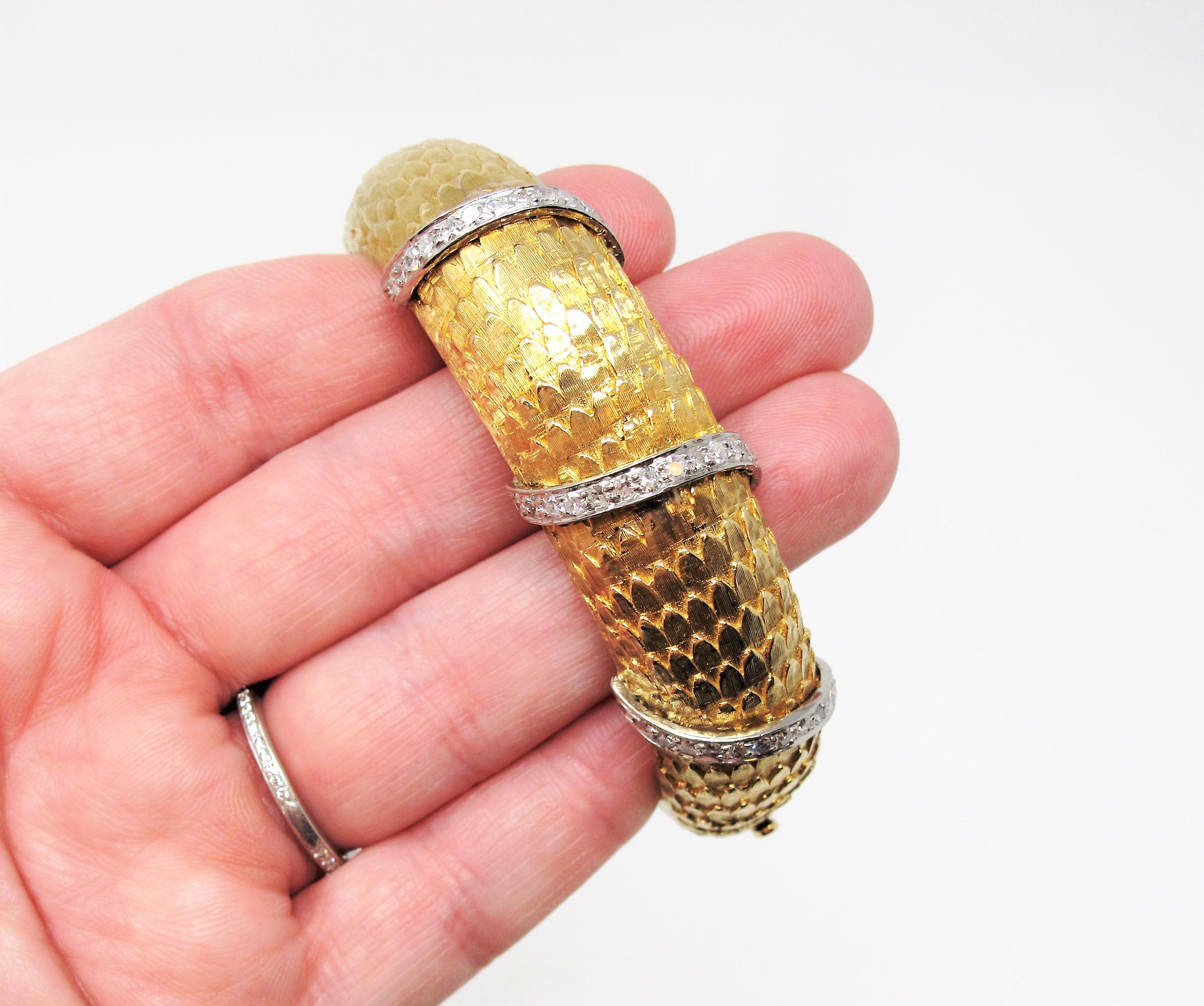 Scaled Hinged Cuff Bracelet in 18 Karat Yellow Gold with Pave Diamond Wraps In Good Condition In Scottsdale, AZ