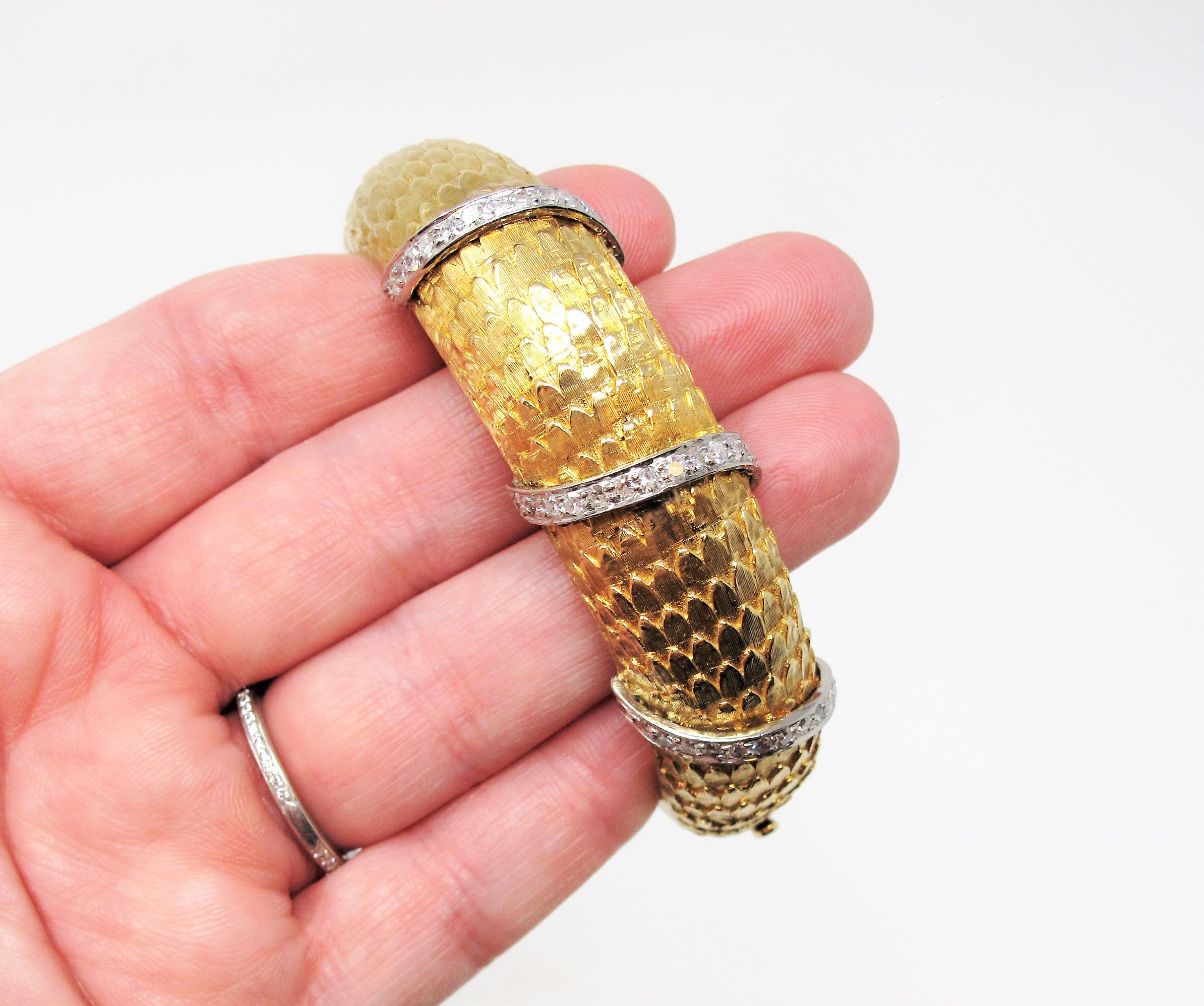 Scaled Hinged Cuff Bracelet in 18 Karat Yellow Gold with Pave Diamond