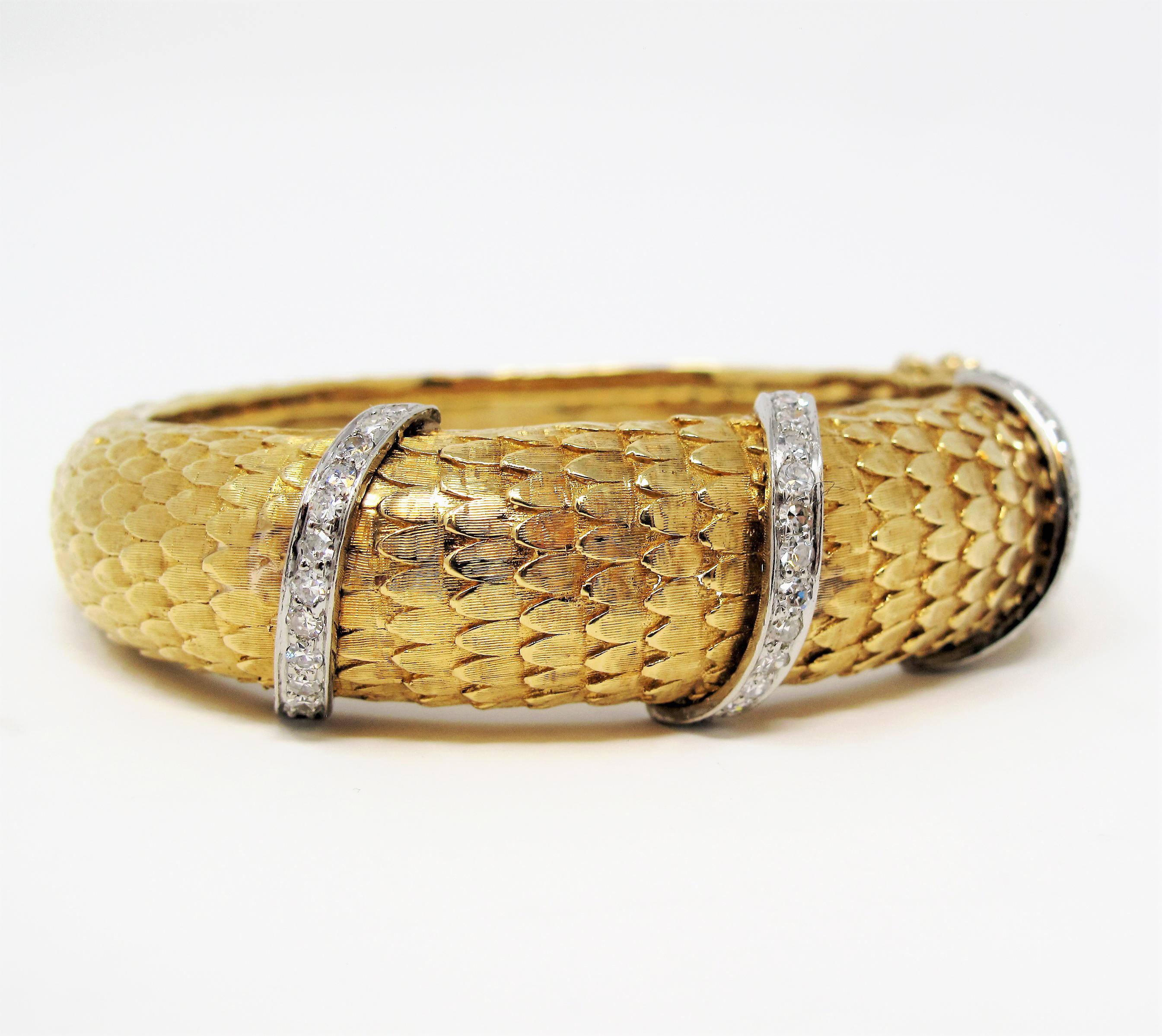 Women's Scaled Hinged Cuff Bracelet in 18 Karat Yellow Gold with Pave Diamond Wraps