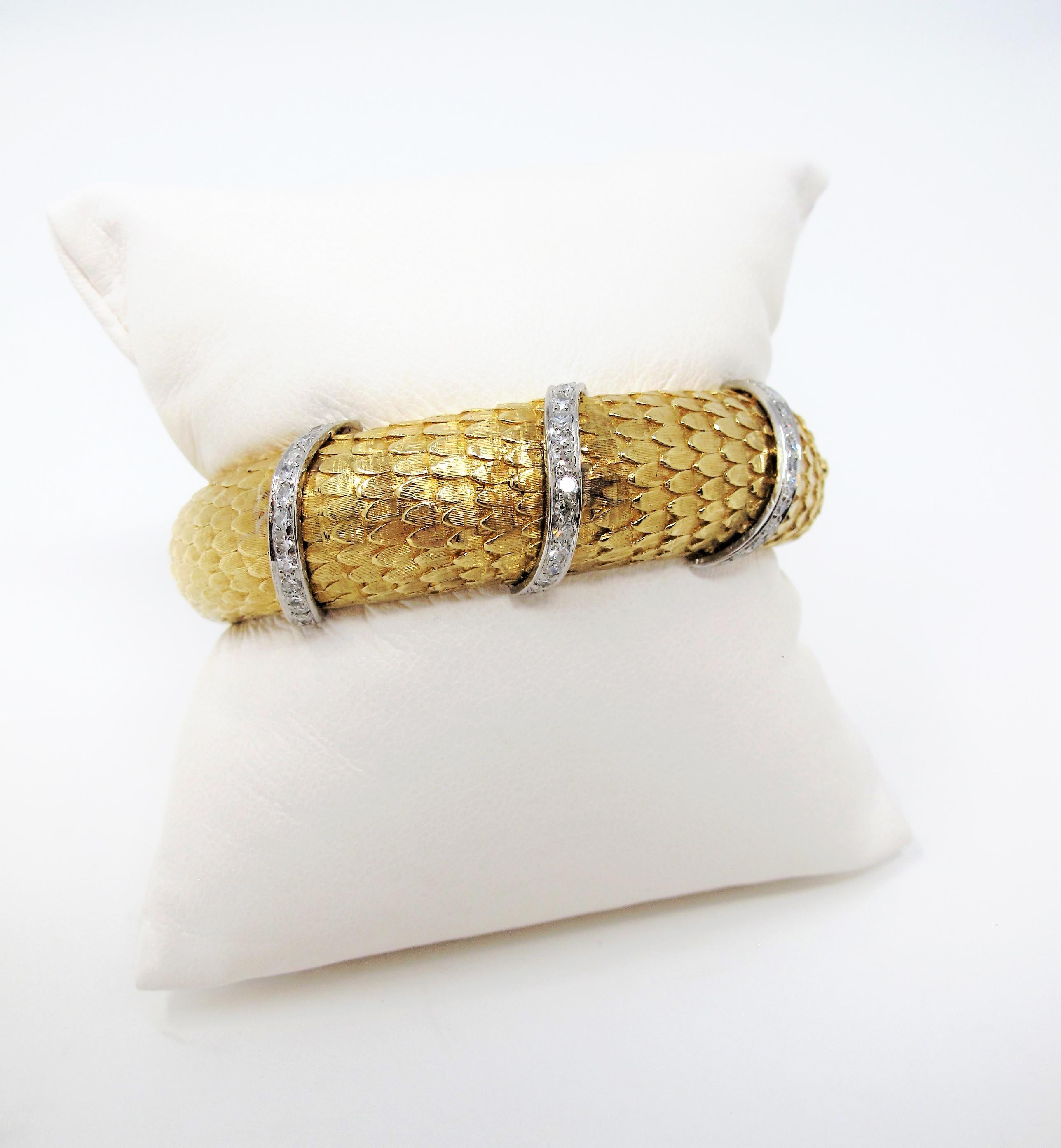 Scaled Hinged Cuff Bracelet in 18 Karat Yellow Gold with Pave Diamond Wraps 1