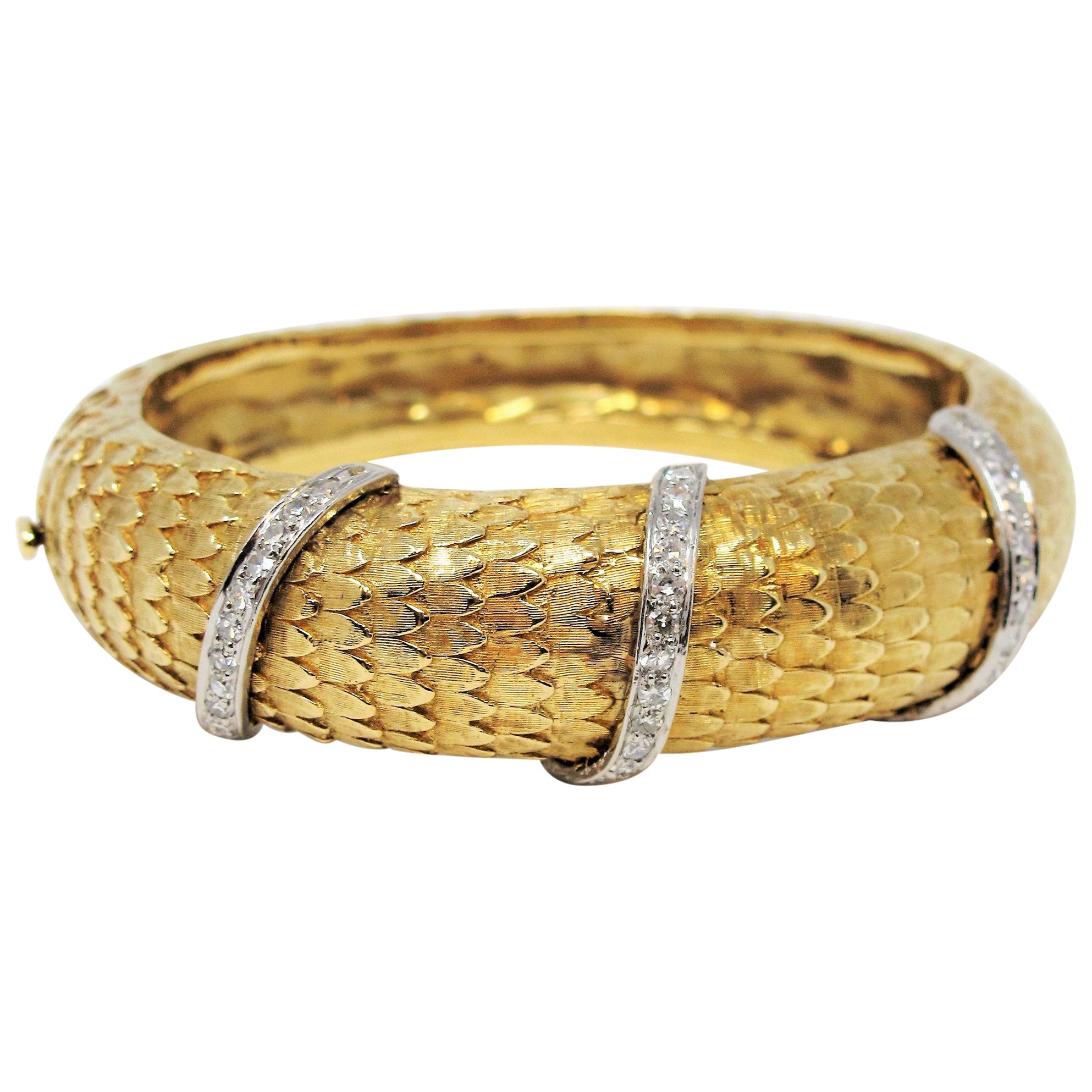 Scaled Hinged Cuff Bracelet in 18 Karat Yellow Gold with Pave Diamond Wraps
