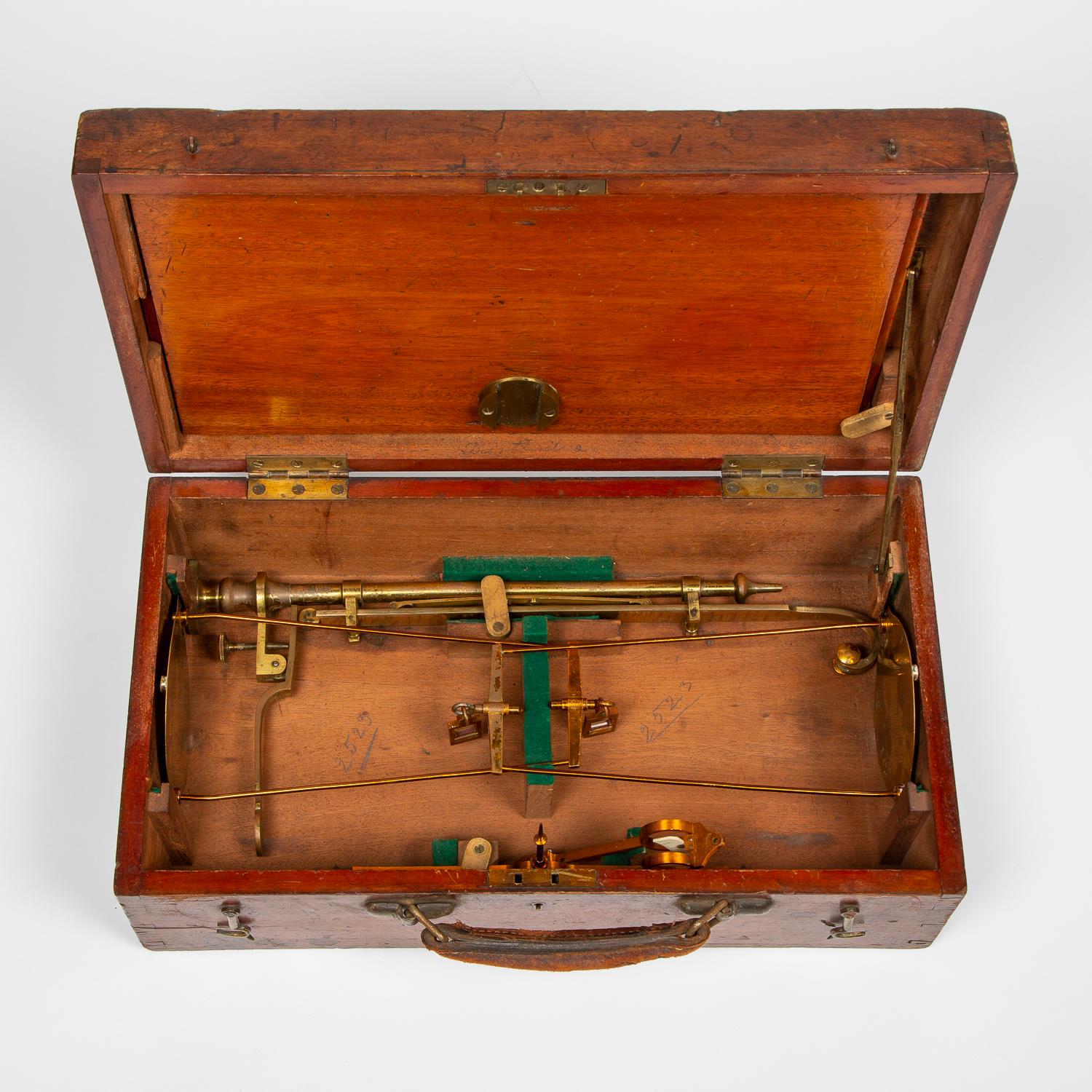 A portable set of beam scales made for the County of Kent by W & T Avery Ltd of Birmingham, circa 1898.

Marked: CAPACITY 1 LB - KENT COUNTY COUNCIL

Marked with indenture number, verification stamps and royal ciphers.

Height 19 inches - 48.5