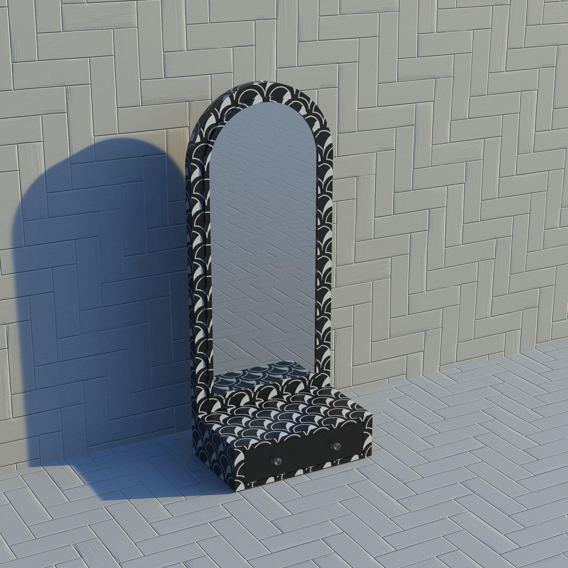 Art déco Miroir de sol noir d'inspiration festonnée avec tiroir en vente