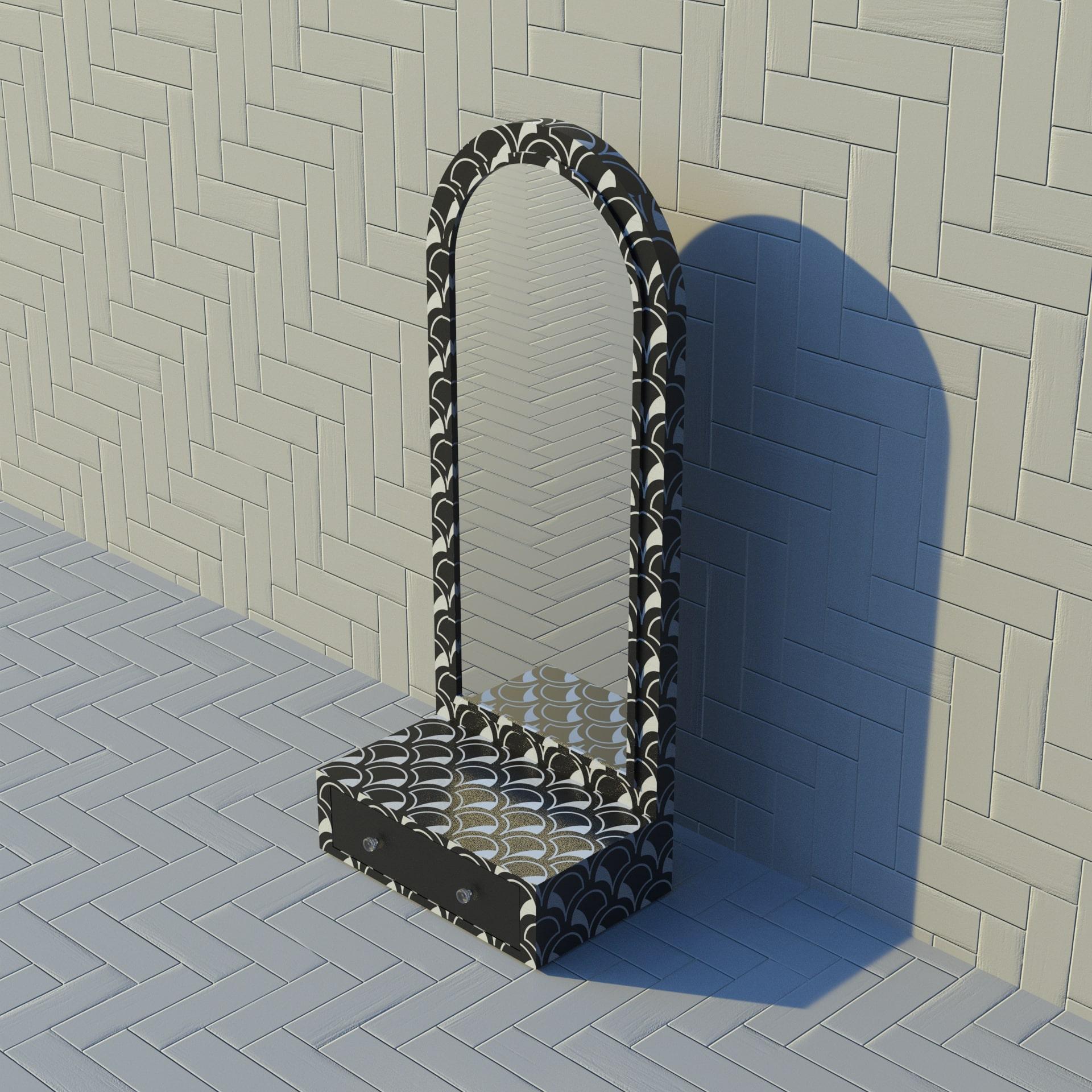 Incrusté Miroir de sol noir d'inspiration festonnée avec tiroir en vente