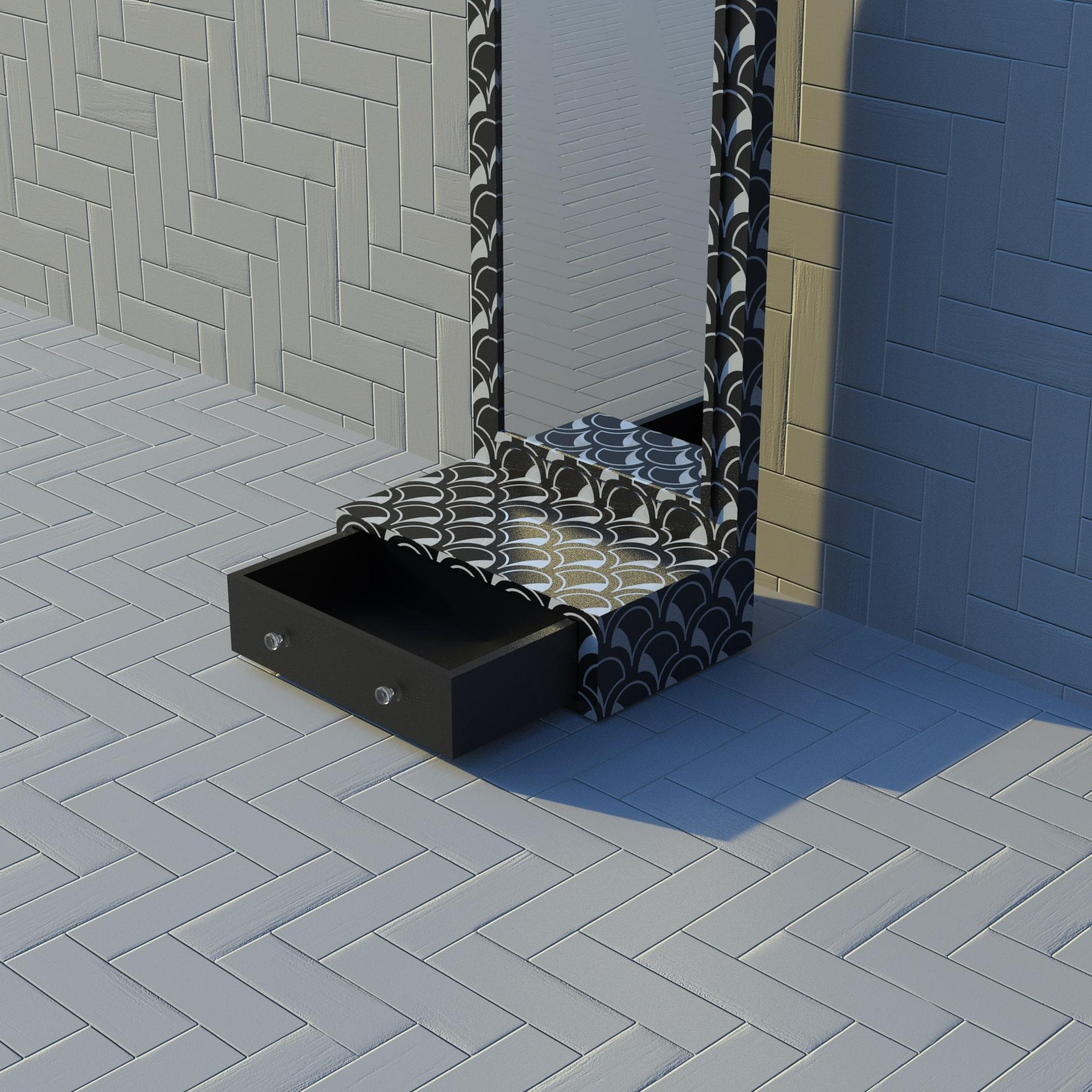 Contemporary Scallop Inspired Black Floor Mirror with Drawer For Sale