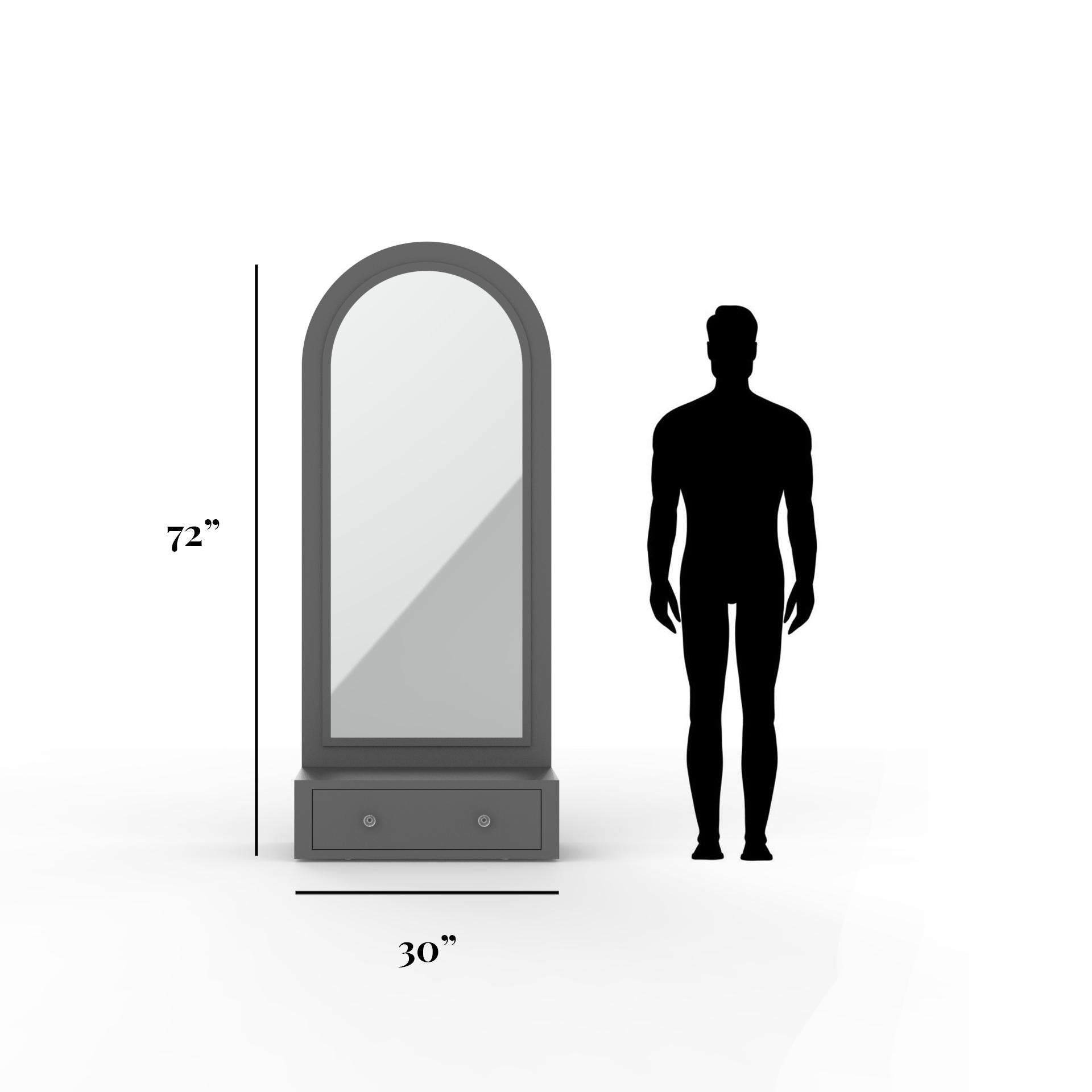 Bois Miroir de sol noir d'inspiration festonnée avec tiroir en vente