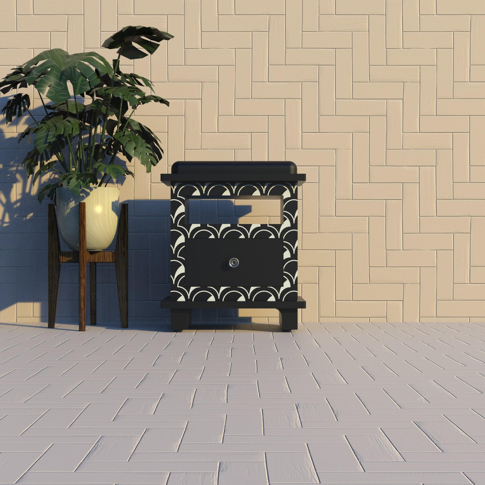 Enhance your space with the artisanal charm of the Scallop Inlay side table. Meticulously handcrafted by skilled artisans, this exquisite piece features a striking geometric inlay pattern, blending traditional craftsmanship with modern design. Each