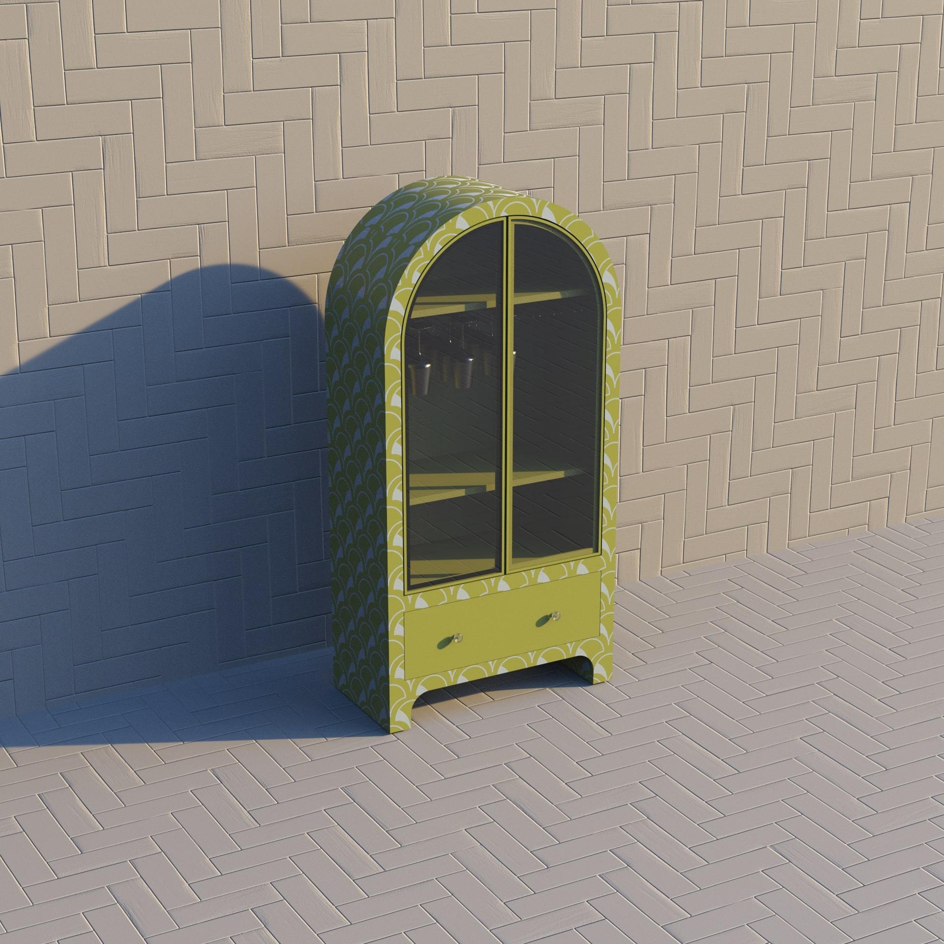 Art Deco Scallop Inspired Lemon Yellow Bar Cabinet by Artisanal For Sale