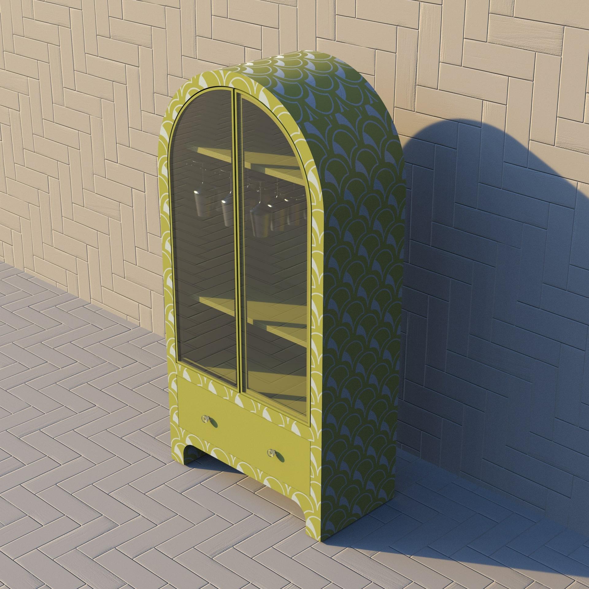 Inlay Scallop Inspired Lemon Yellow Bar Cabinet by Artisanal For Sale