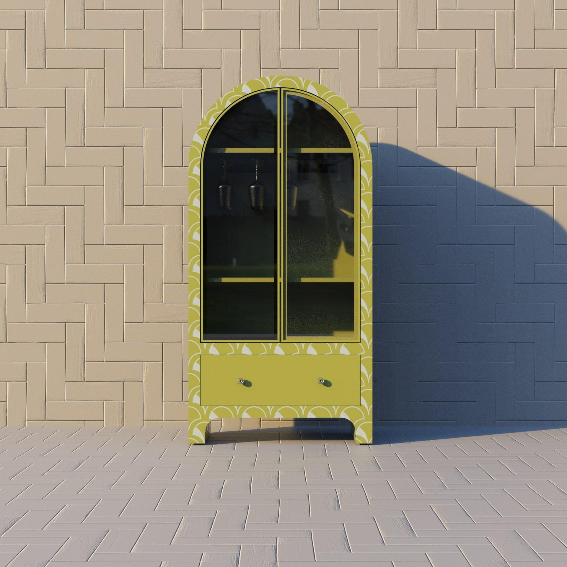 Bone Scallop Inspired Lemon Yellow Bar Cabinet by Artisanal For Sale