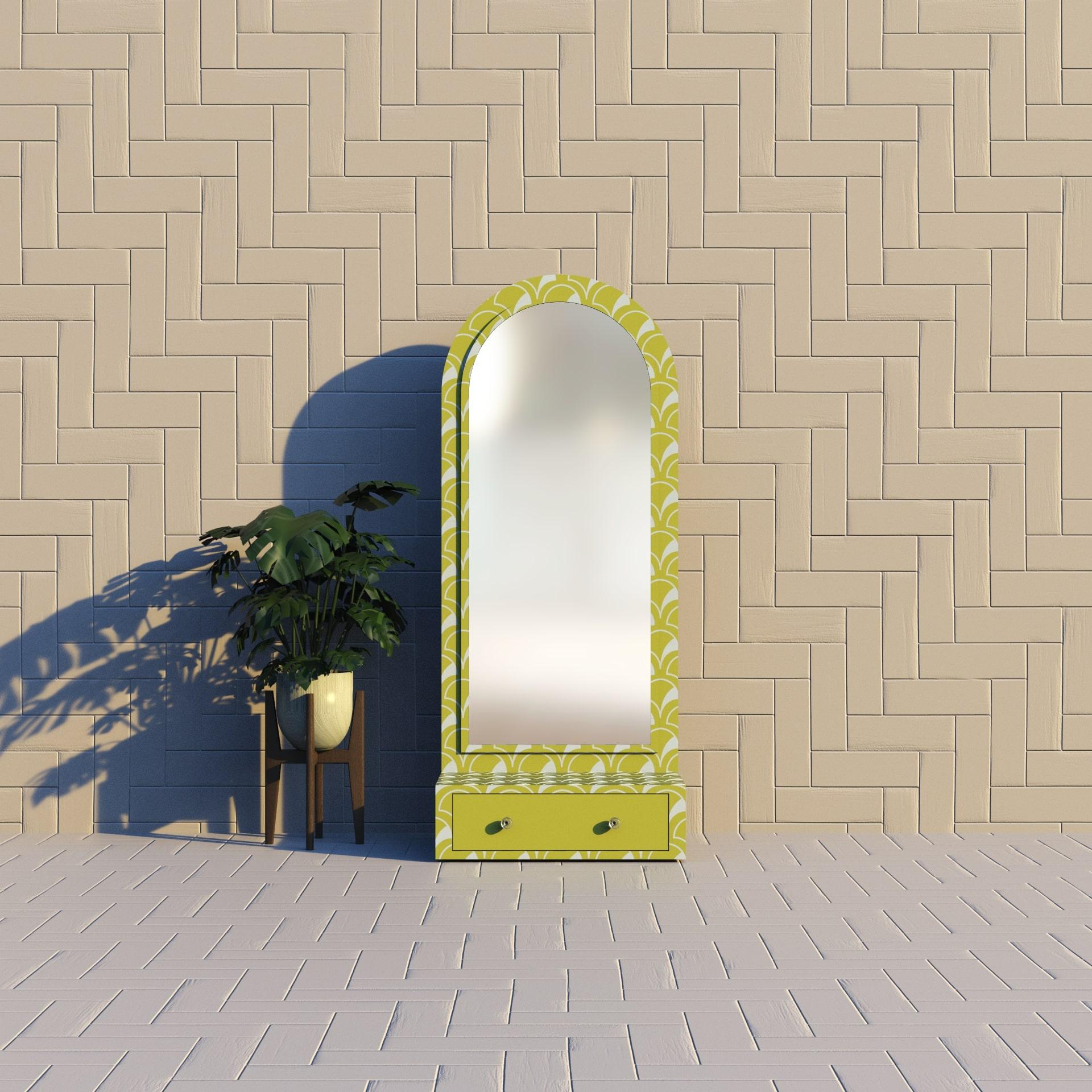Elevate Your Space with Timeless Elegance
Introducing the Scallop Collection Mirror—a lemon yellow floor mirror with a drawer at the bottom. Inspired by the delicate patterns of scallop sea shells, this mirror showcases an intricate design that adds