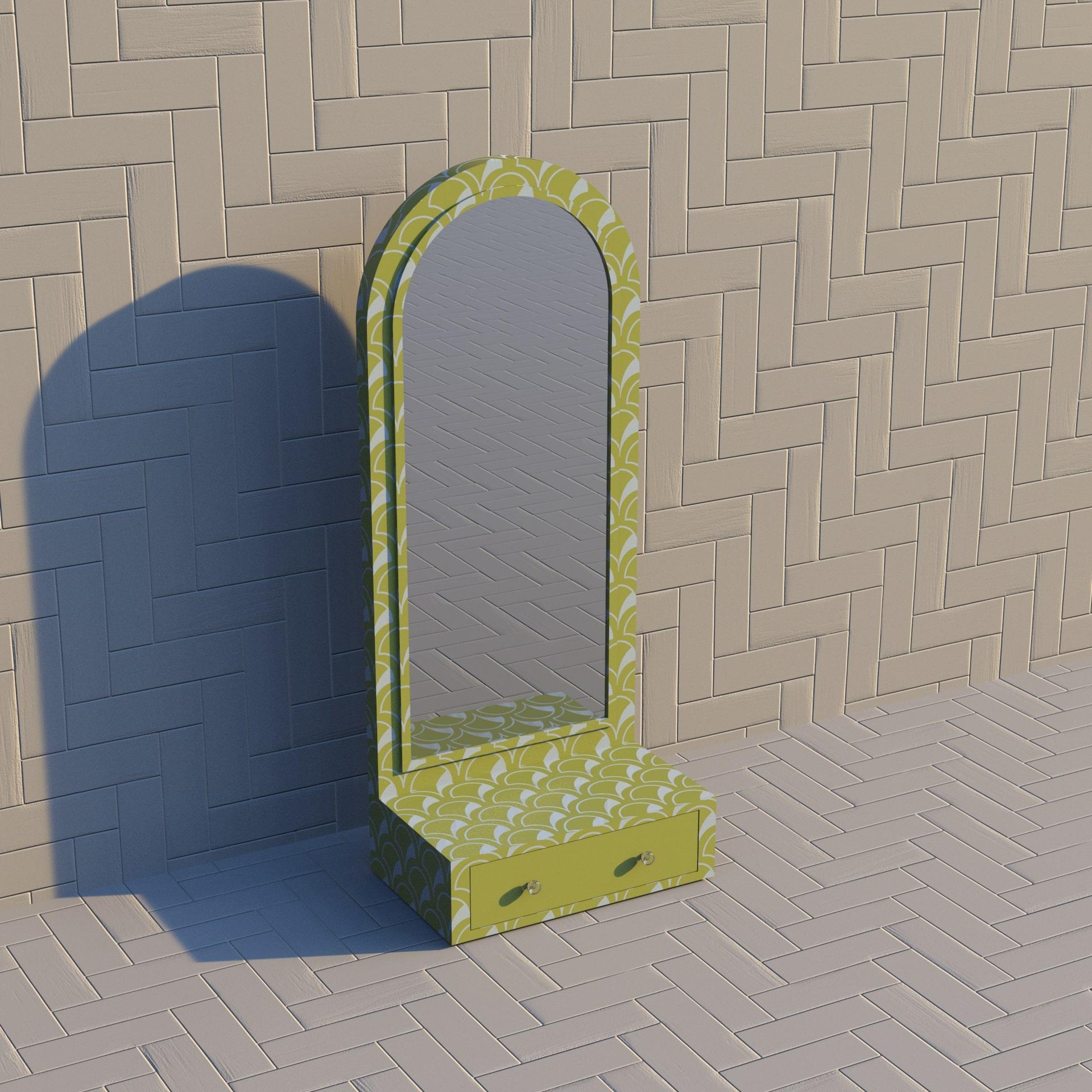Art Deco Scallop Inspired Lemon Yellow Floor Mirror with Drawer For Sale