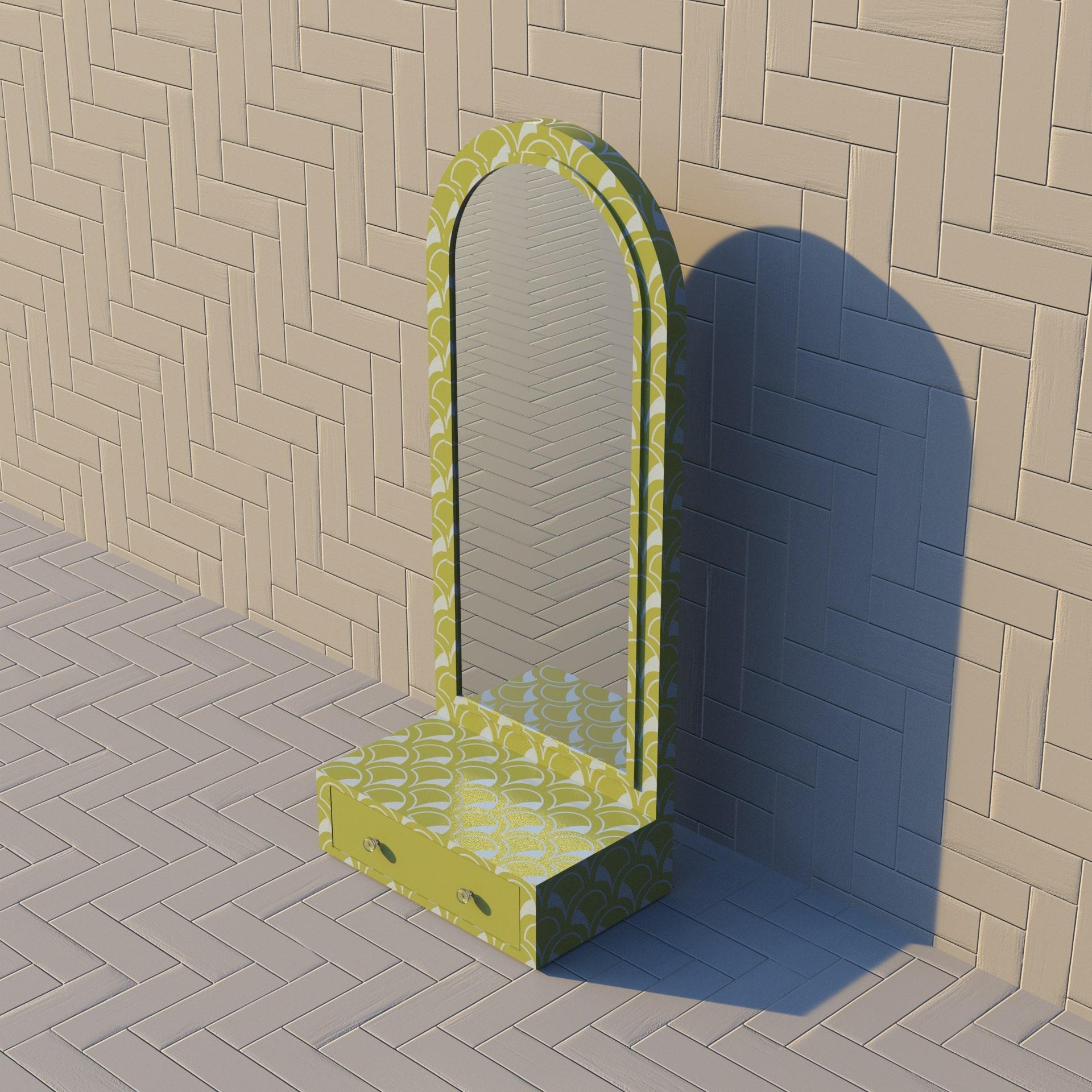 Scallop Inspired Lemon Yellow Floor Mirror with Drawer In New Condition For Sale In New York, NY