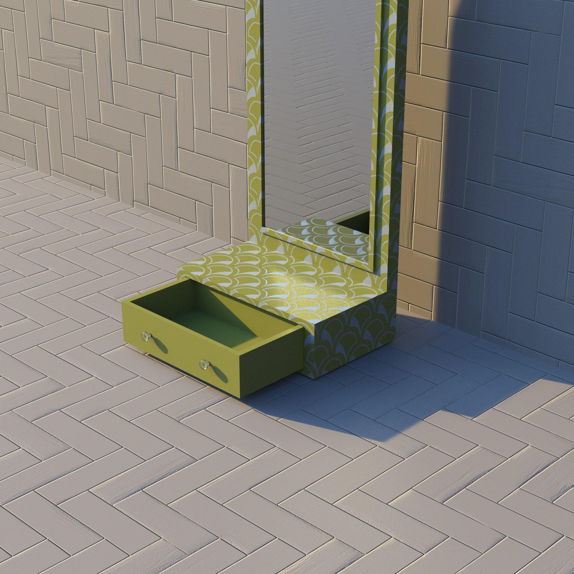 Contemporary Scallop Inspired Lemon Yellow Floor Mirror with Drawer For Sale