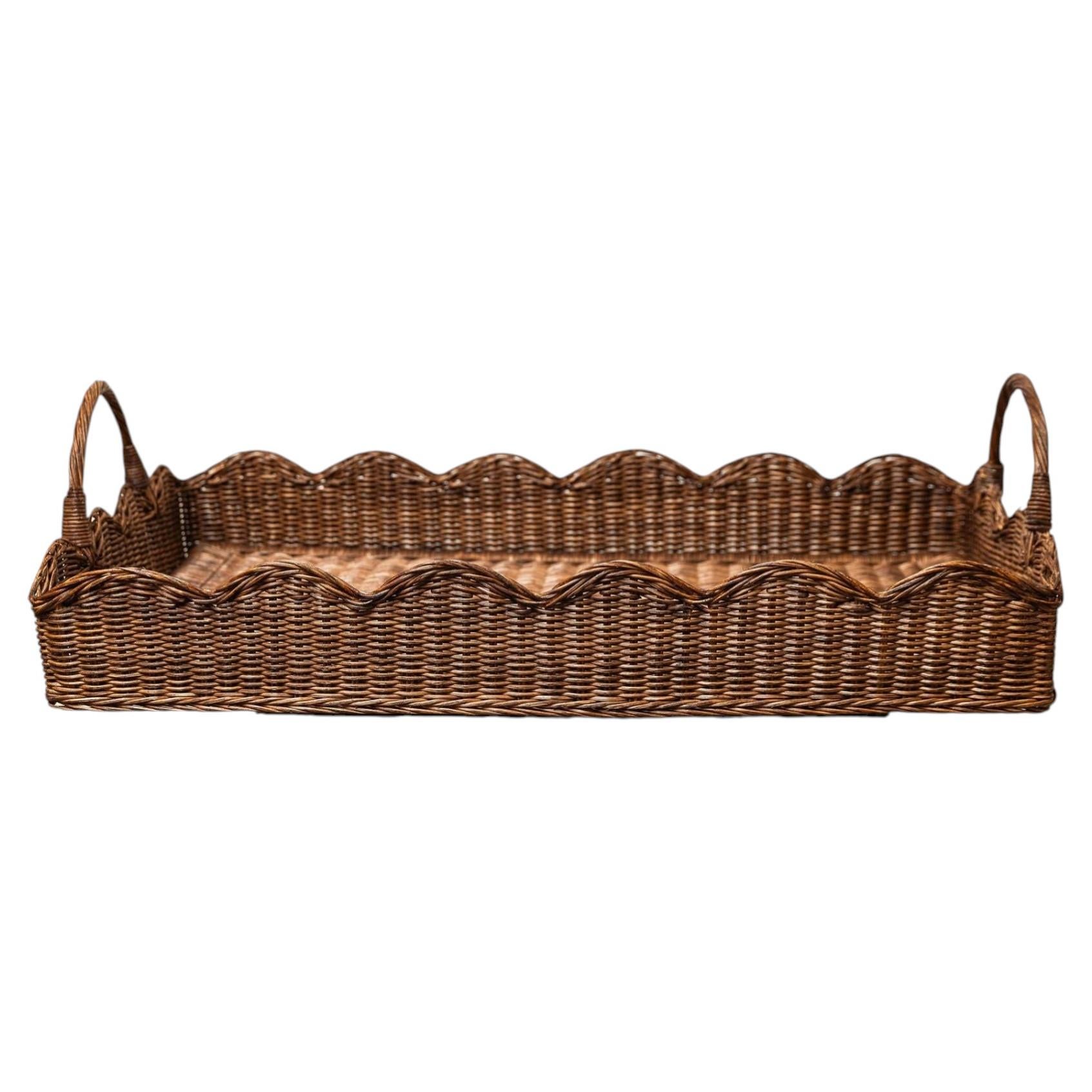 Big Scalloped Rattan Tray, Hand-Woven Teak, British Colonial Style, UK