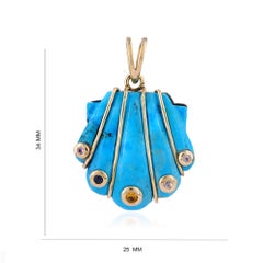 Scallop Sea Shell Charm Solid 14k Yellow Gold Diamond Turquoise Gemstone Pendant