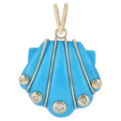 Scallop Sea Shell Charm Solid 14k Yellow Gold Diamond Turquoise Gemstone Pendant