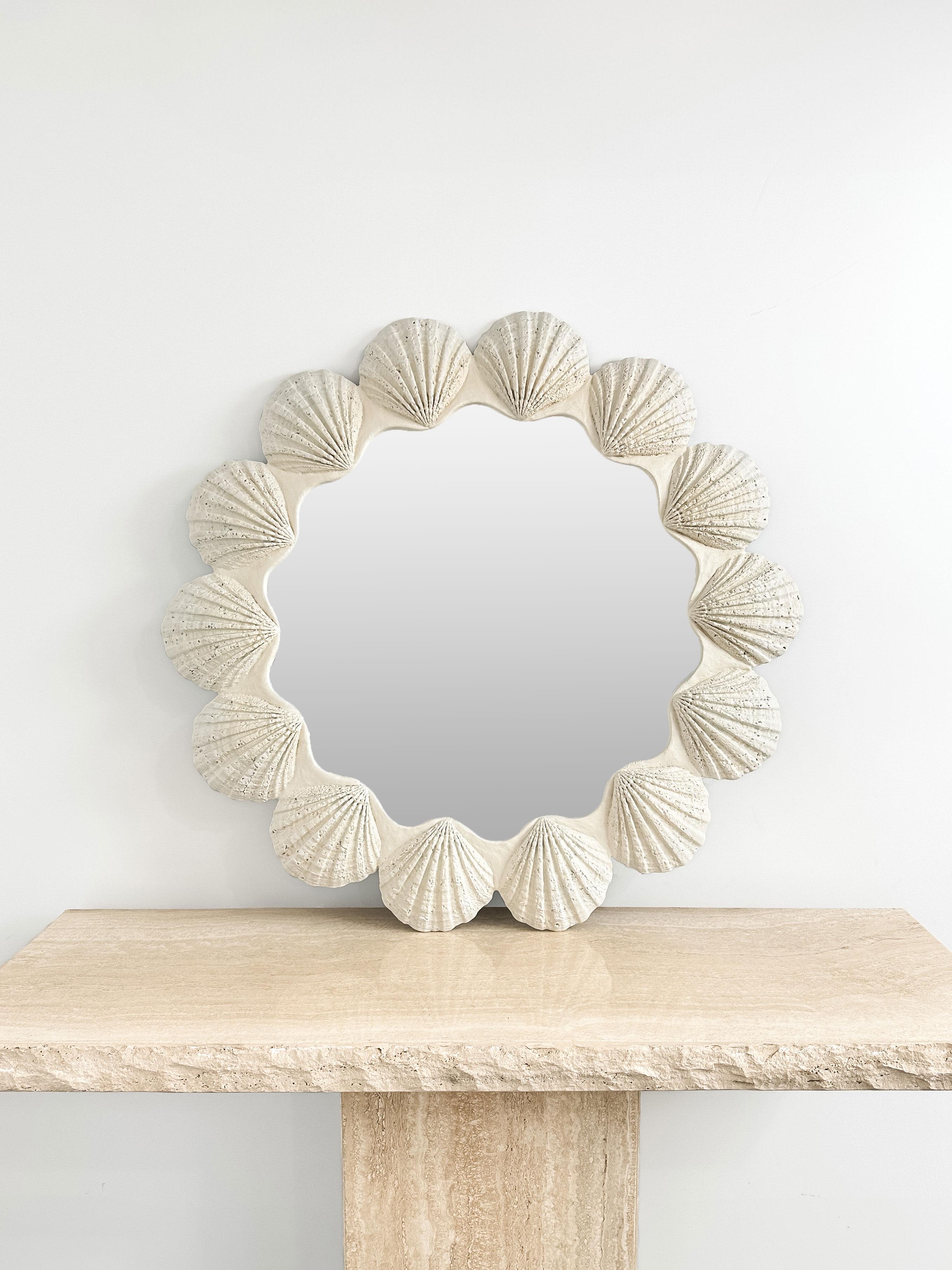 Post-Modern 1970s Oversized Sculptural Seashell White Mirror
