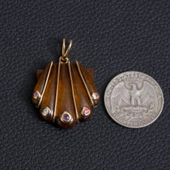 Scallop Shell Charm Solid 14k Yellow Gold Tiger's Eye Multi Sapphire Pendant