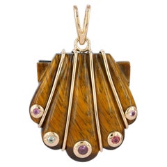 Scallop Shell Charm Solid 14k Yellow Gold Tiger's Eye Multi Sapphire Pendant