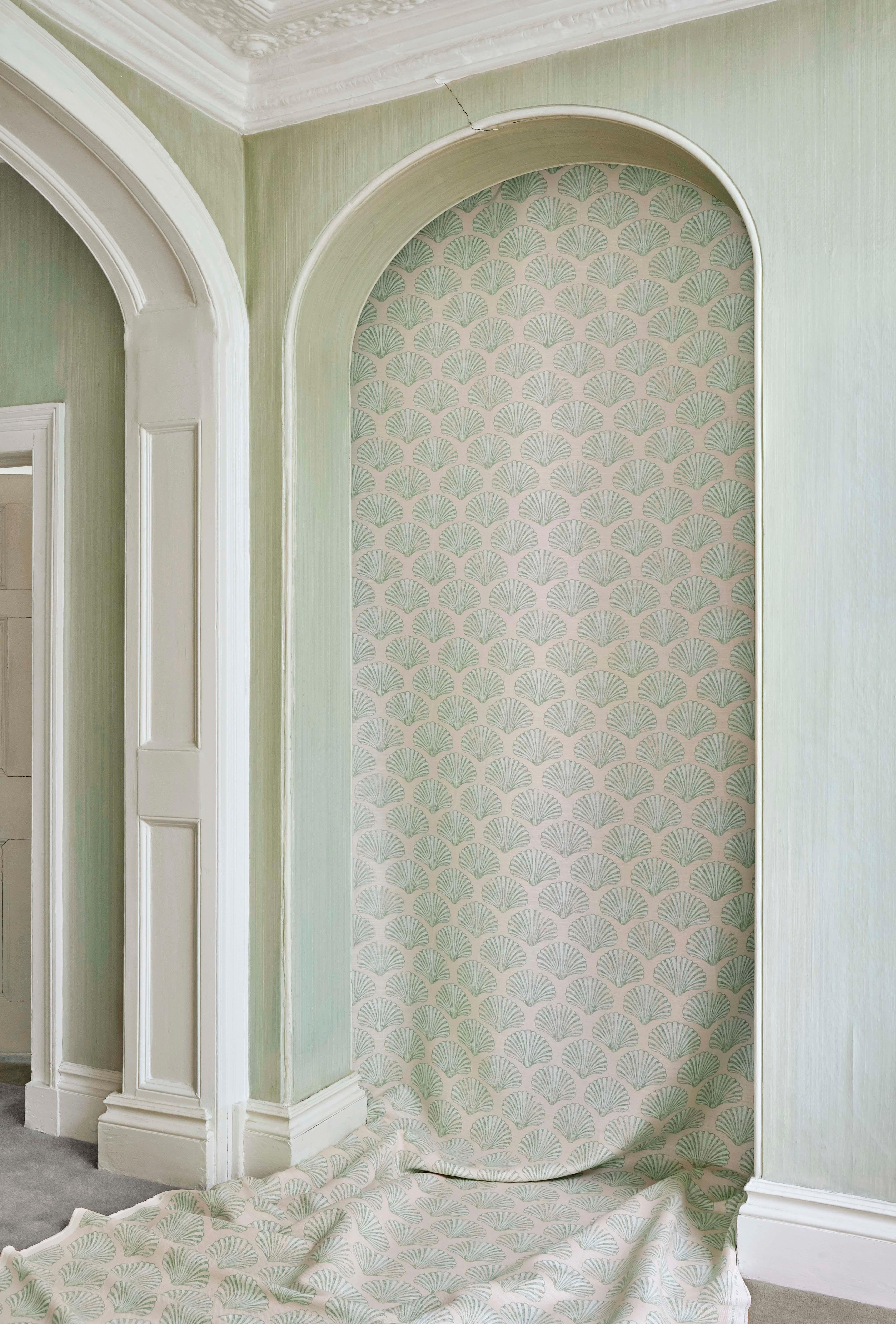 'Scallop Shell' Contemporary, Traditional Fabric in Plaster/Green In New Condition For Sale In Pewsey, Wiltshire