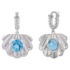 Scallop Shell hoop drop earrings Natural Blue Topaz Gems 14k White Gold Jewelry