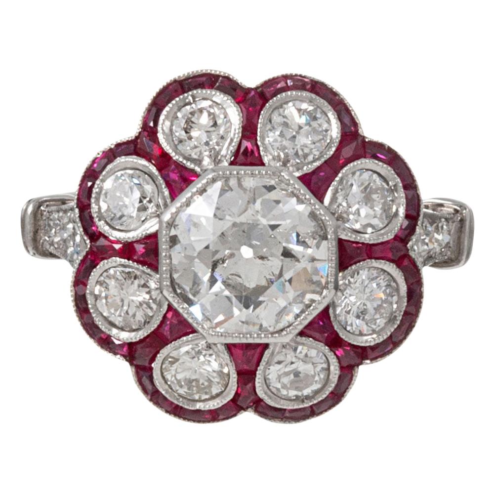 Scalloped 1.07 Carat Old European Cut Diamond and Ruby Flower Ring