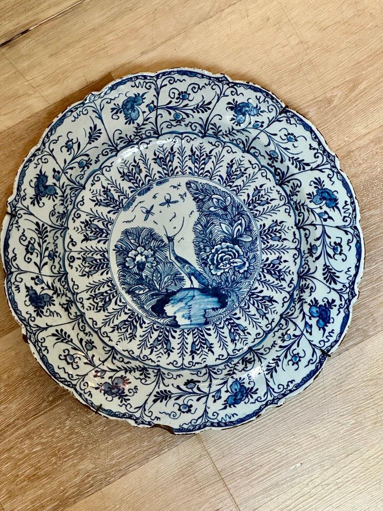 Dutch Scalloped Blue and White Delft Charger with Crane & Floral Decoration, 18th Cent For Sale