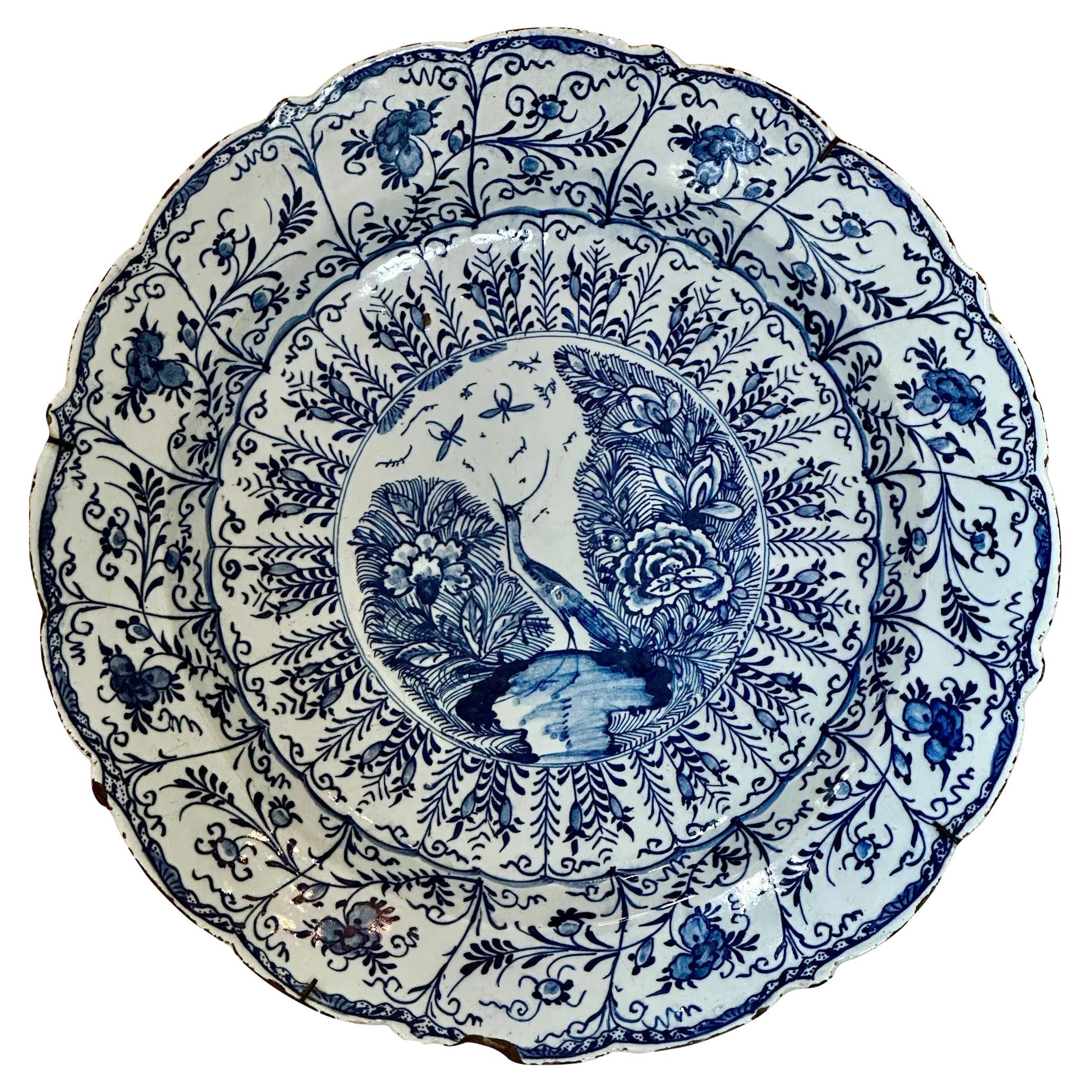 Scalloped Blue and White Delft Charger with Crane & Floral Decoration, 18th Cent For Sale