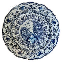 Scalloped Blue and White Delft Charger with Crane & Floral Decoration, 18th Cent