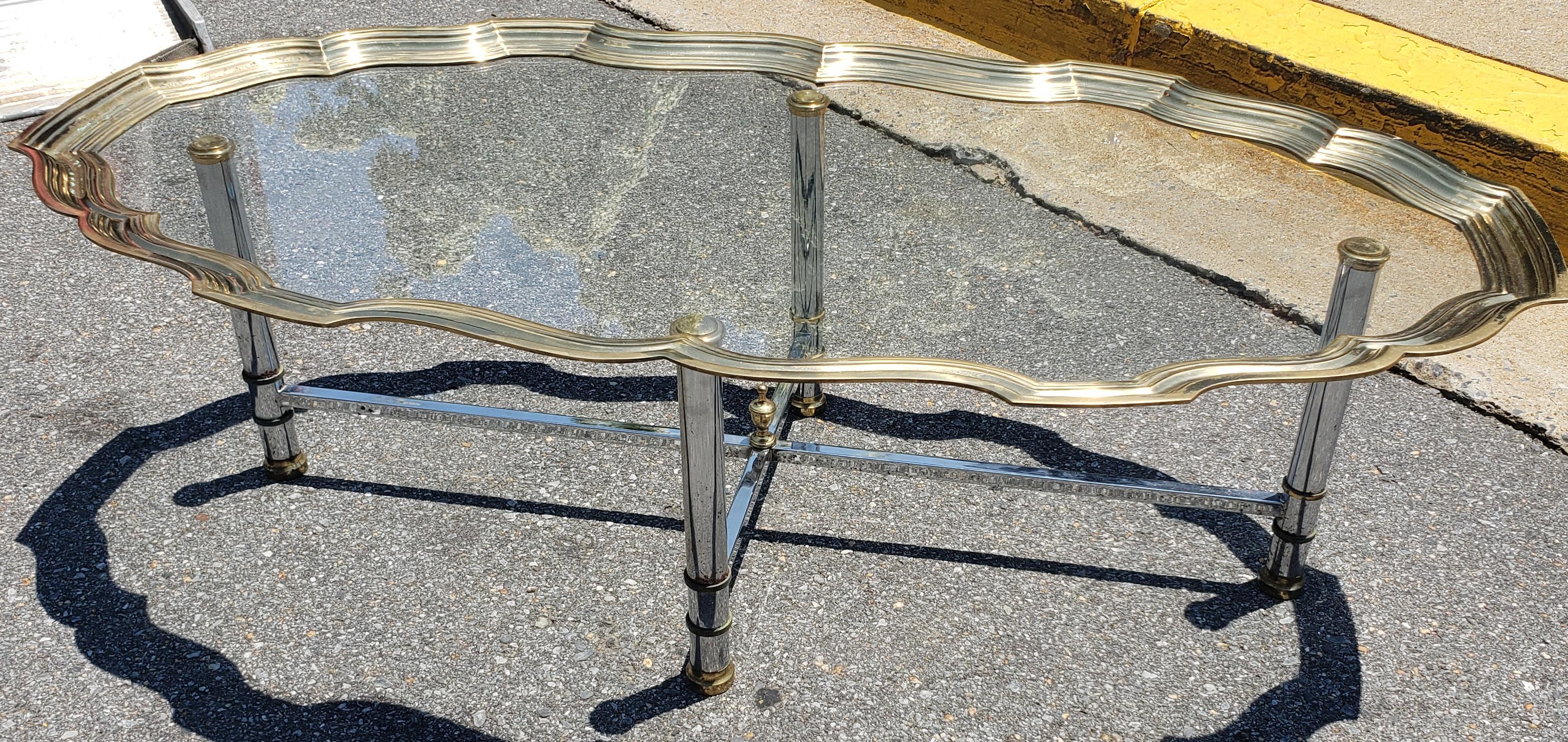 American Scalloped Brass and Polished Steel Chrome Glass Top Cocktail Coffee Table For Sale