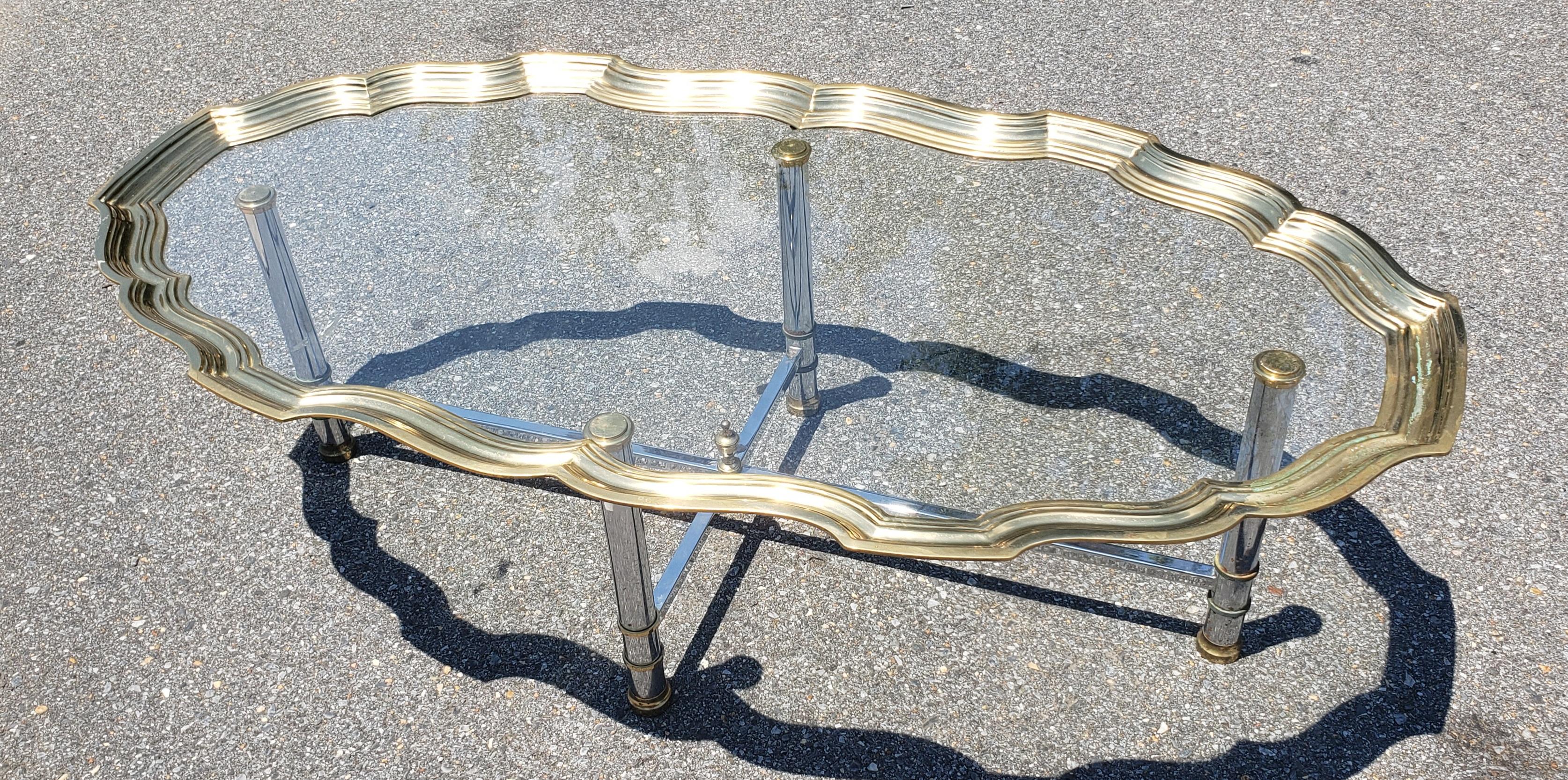 20th Century Scalloped Brass and Polished Steel Chrome Glass Top Cocktail Coffee Table For Sale