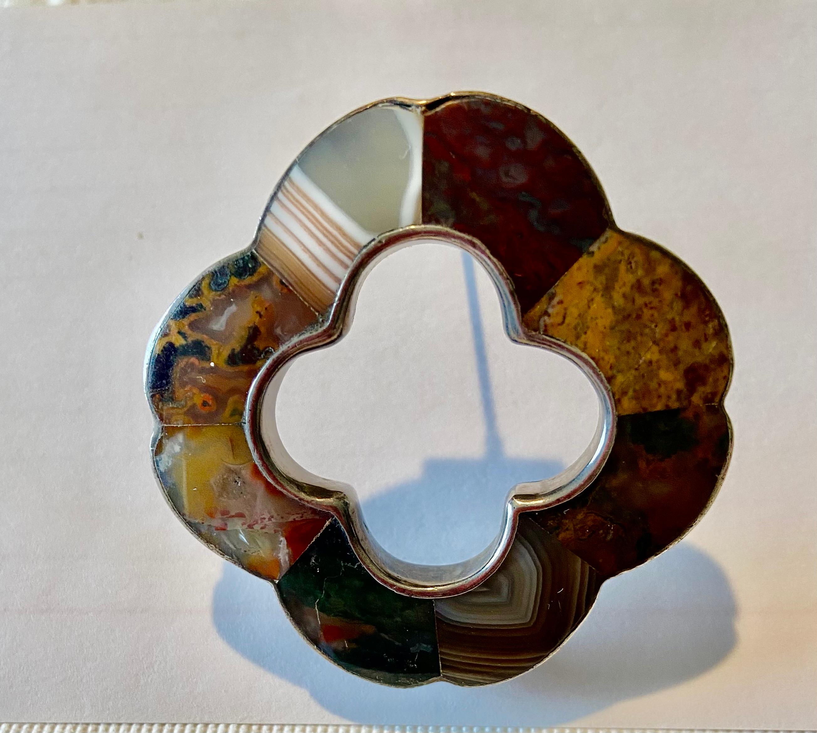Half Moon Cut Scalloped Brooch of Scottish Agate and Silver For Sale