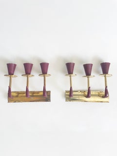 Scalloped Burgundy and Brass Italian Sconces