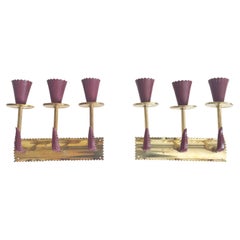 Scalloped Burgundy and Brass Italian Sconces 