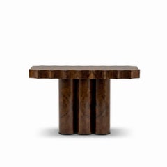 Scalloped Burl Wood Console Table – Fluted Triple-Column Monolithic Base