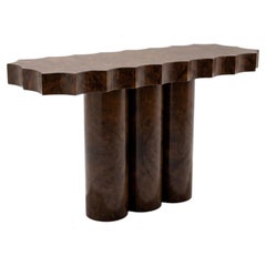Scalloped Burl Wood Console Table – Fluted Triple-Column Monolithic Base